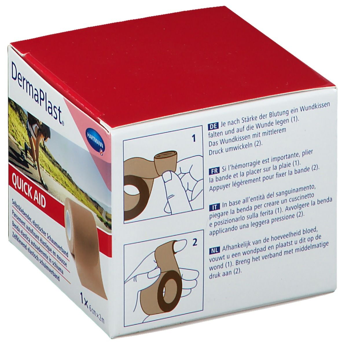 Dos de la boîte Dermaplast Quick Aid. Instructions multilingues. Illustre l'application du pansement. Boîte rouge et blanche.