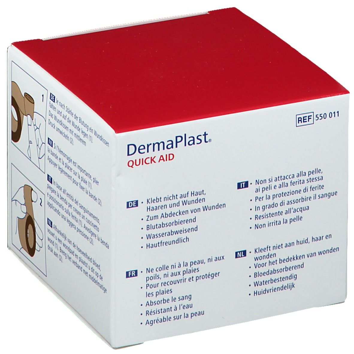 Boîte Dermaplast Quick Aid. Caractéristiques : ne colle pas à la peau, résistant à l'eau. Boîte rouge et blanche.