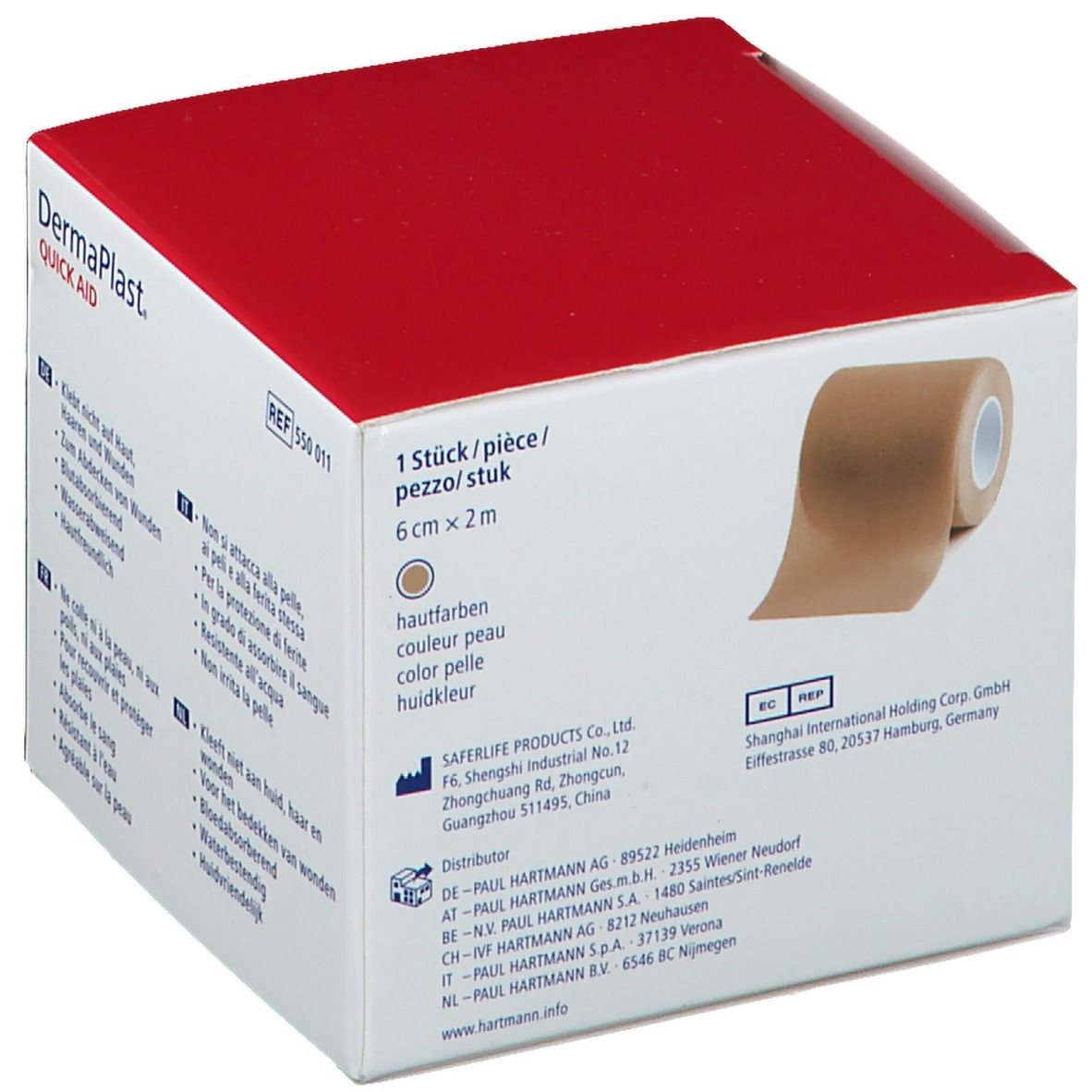 Boîte Dermaplast Quick Aid. Contient un rouleau de pansement. Dimensions : 6cm x 2m. Boîte rouge et blanche.