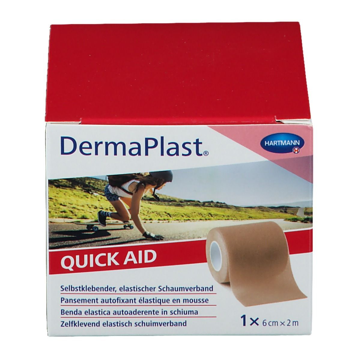 Boîte Dermaplast Quick Aid. Contient un rouleau de pansement. Dimensions : 6cm x 2m. Boîte rouge et blanche.