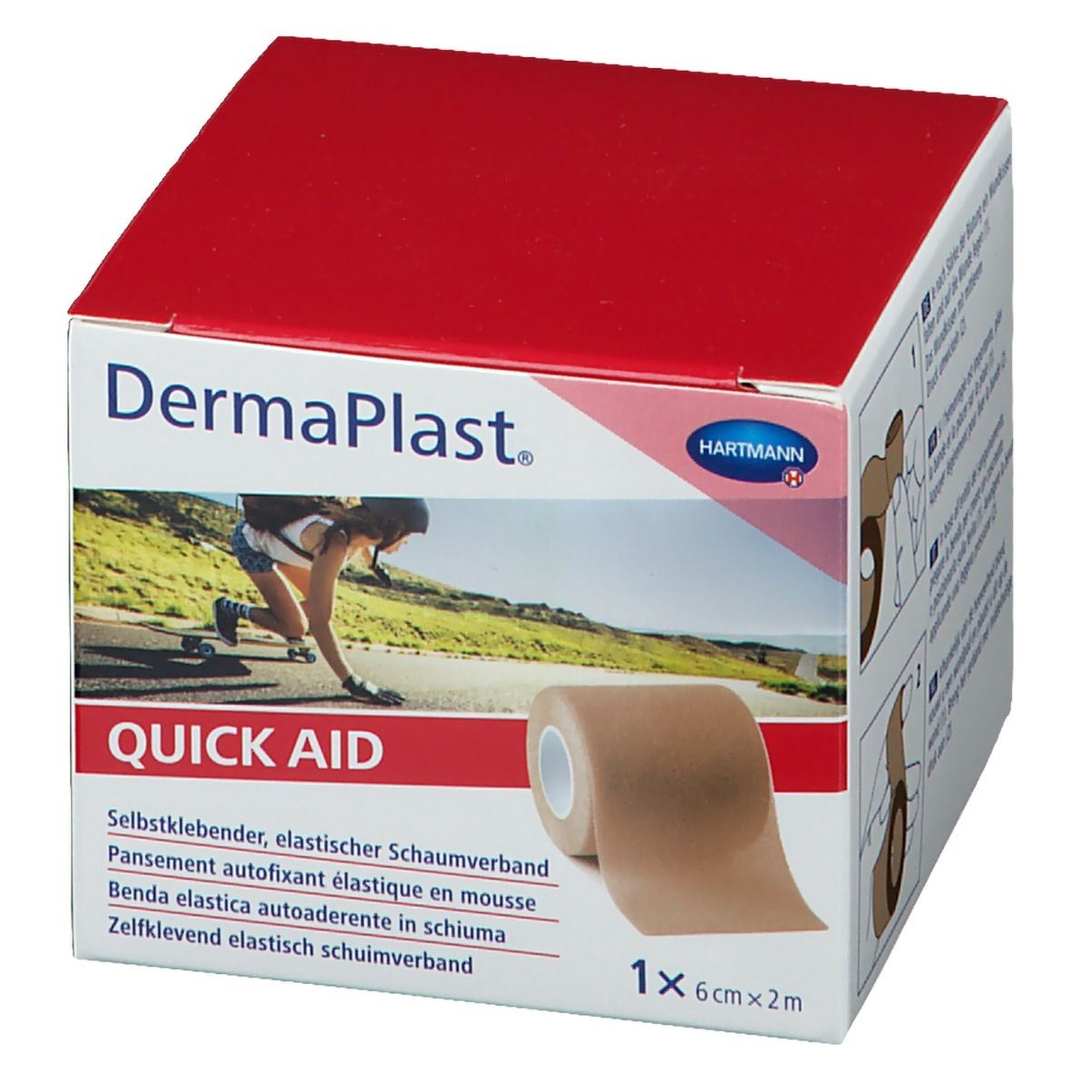 Boîte Dermaplast Quick Aid. Contient un rouleau de pansement. Dimensions : 6cm x 2m. Boîte rouge et blanche.