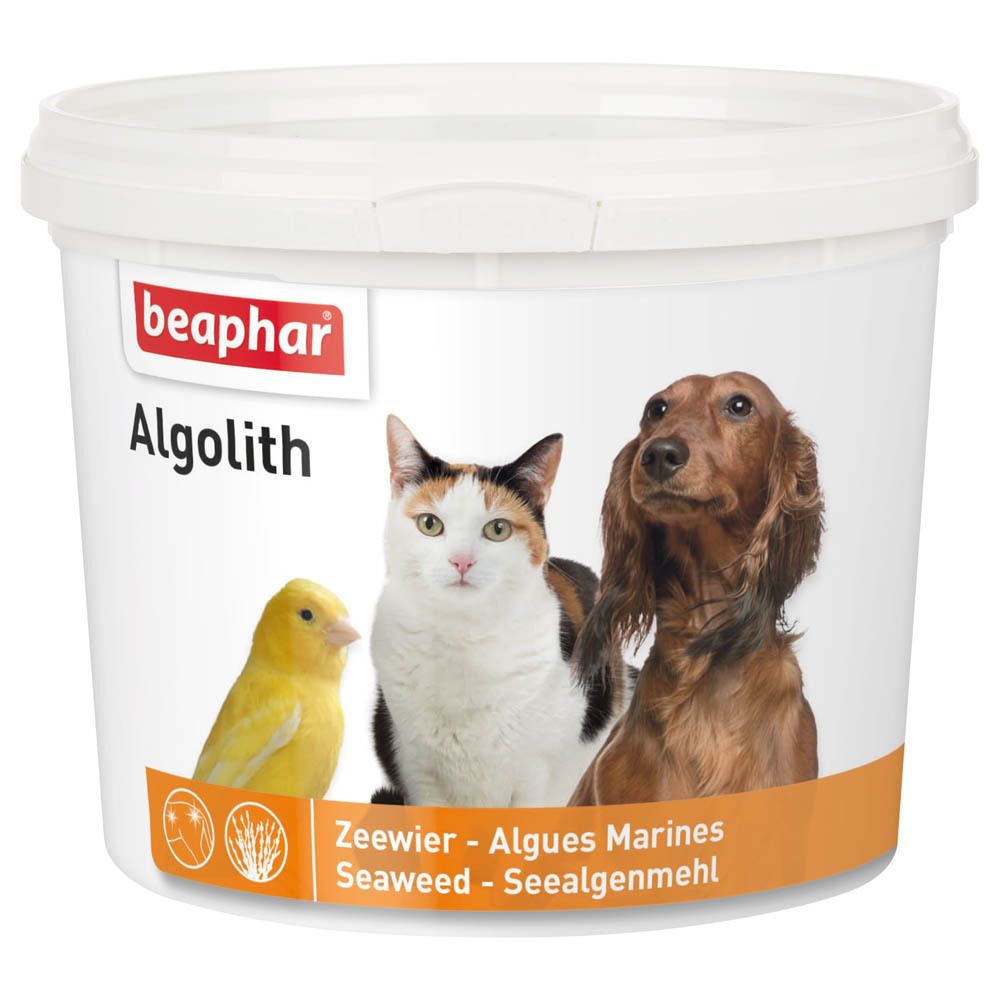 Seau blanc avec couvercle. Impression : Beaphar Algolith, image d'oiseau, chat et chien. Texte : Zeewier, Algues Marines, Seelgenmehl.