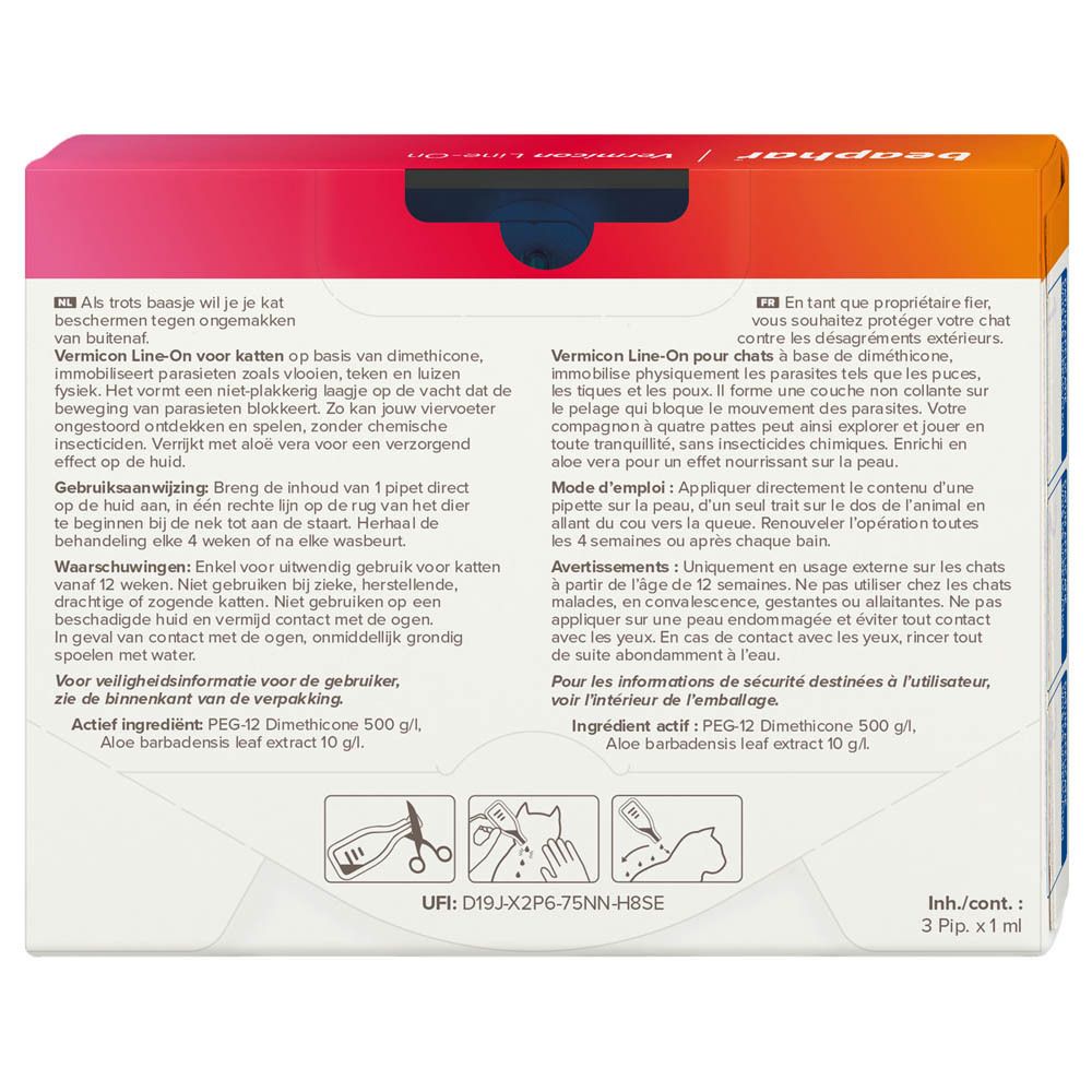 Boîte avec image du produit. Contient 3 x 1 ml. Marque : beaphar. Nom du produit : VERMICON Line-on pour chats.