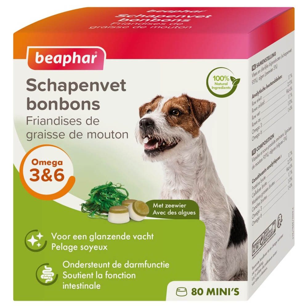 Boîte de friandises Beaphar Schapenvet bonbons. Chien, algues et bonbons. Omega 3&6. 80 Mini's. Pour pelage soyeux et fonction intestinale.