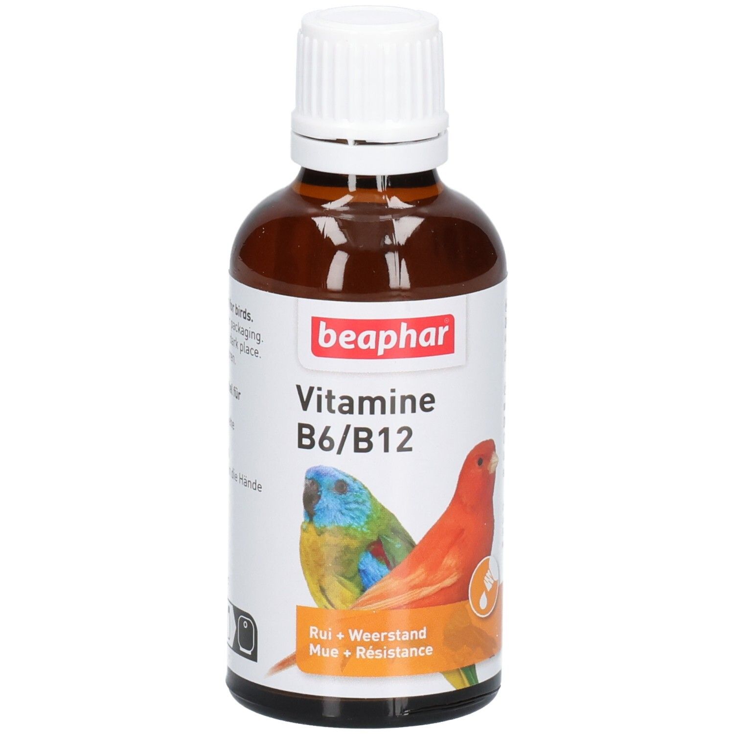 Flacon en verre brun avec bouchon blanc. Étiquette "beaphar Vitamine B6/B12" et illustration de perroquets. "Rui + Weerstand + Résistance".