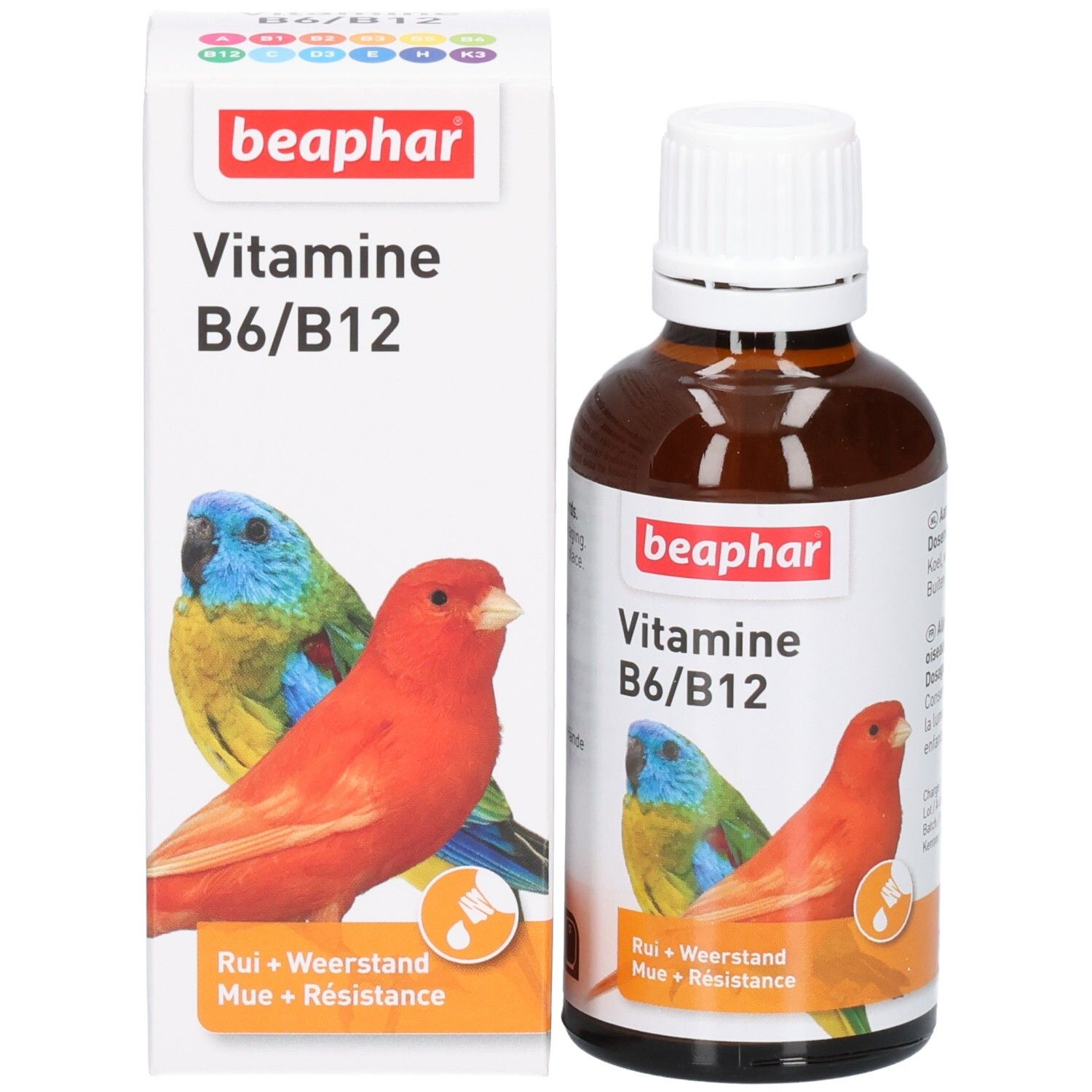 Emballage et flacon. Emballage: "beaphar Vitamine B6/B12" et illustration de perroquets. Flacon: brun, bouchon blanc, étiquette.