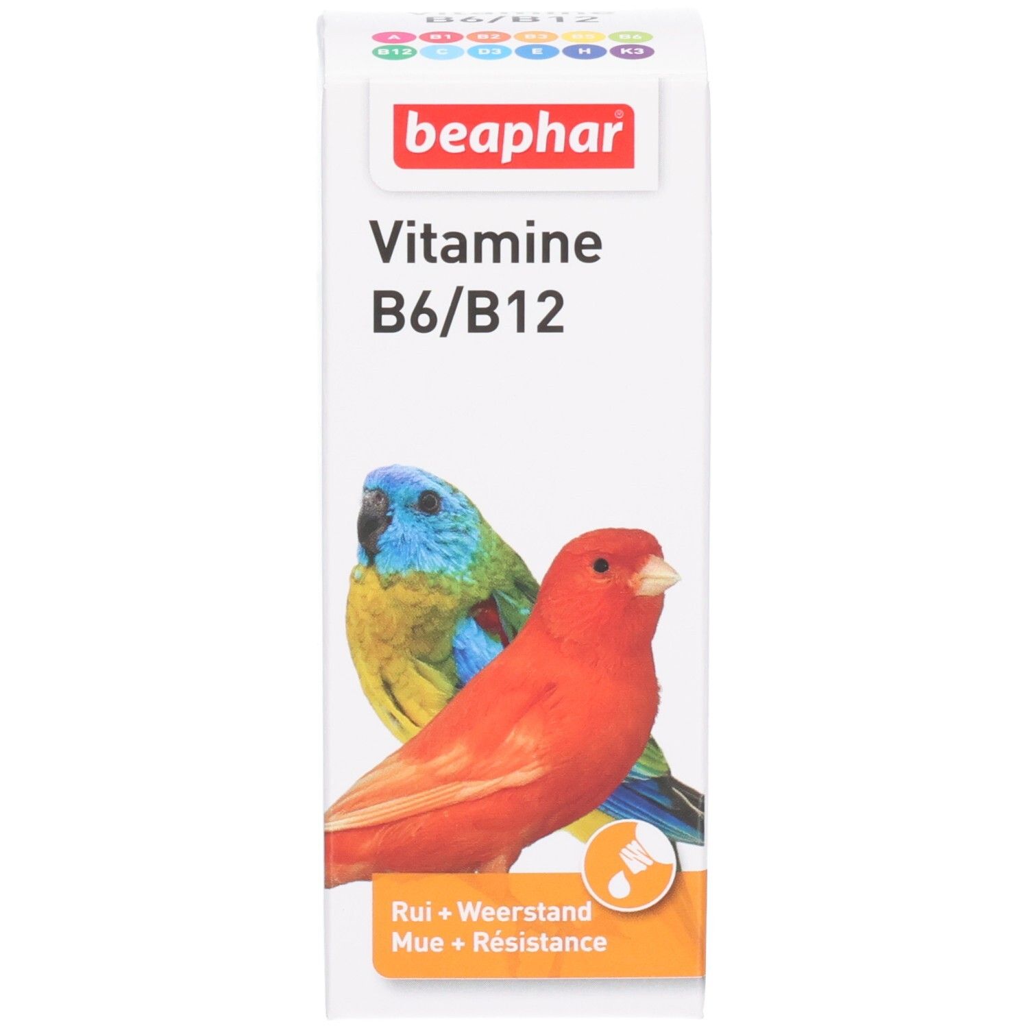 Emballage du produit. "beaphar Vitamine B6/B12" et illustration de perroquets. "Rui + Weerstand + Résistance".