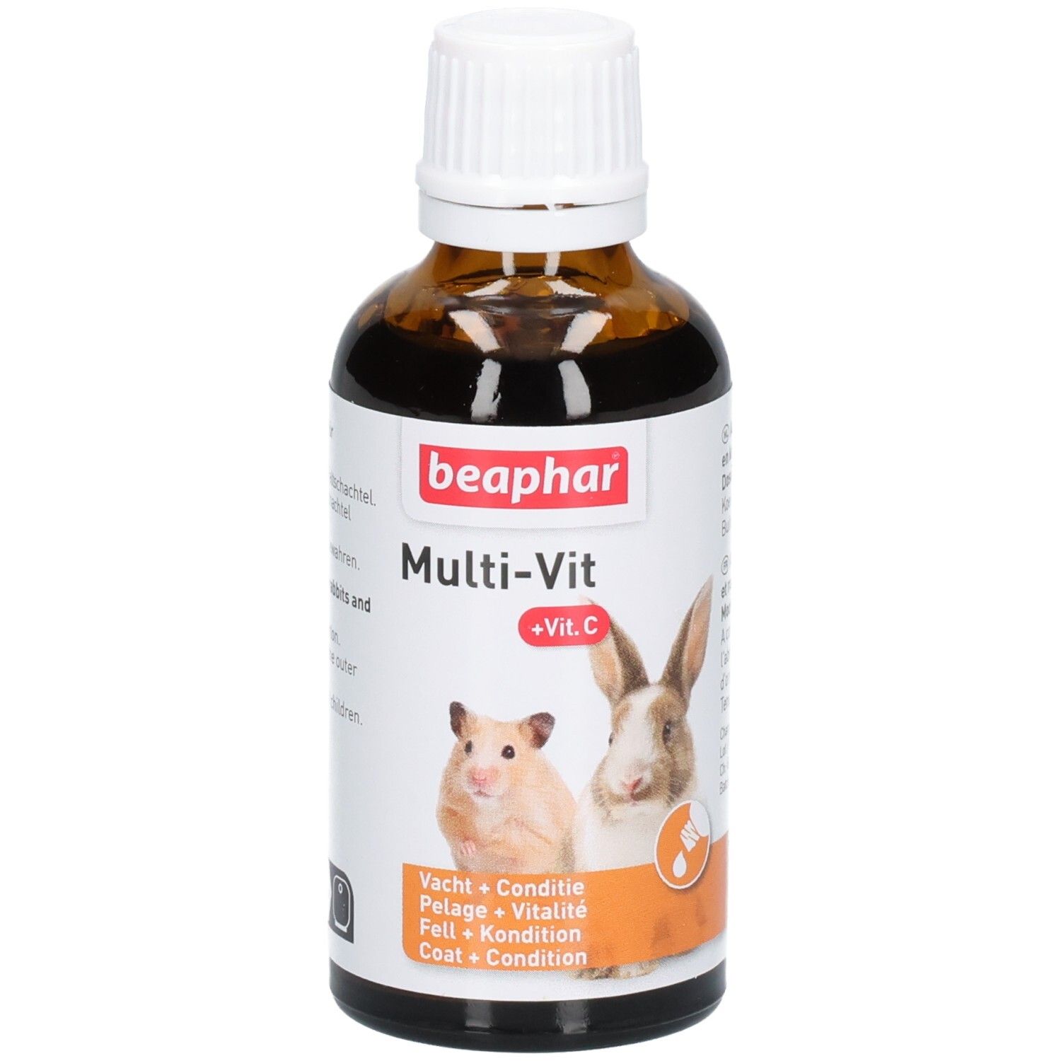 Flacon en verre brun avec bouchon blanc. Étiquette avec hamster, lapin et nom du produit. Texte: Multi-Vit +Vit.C.