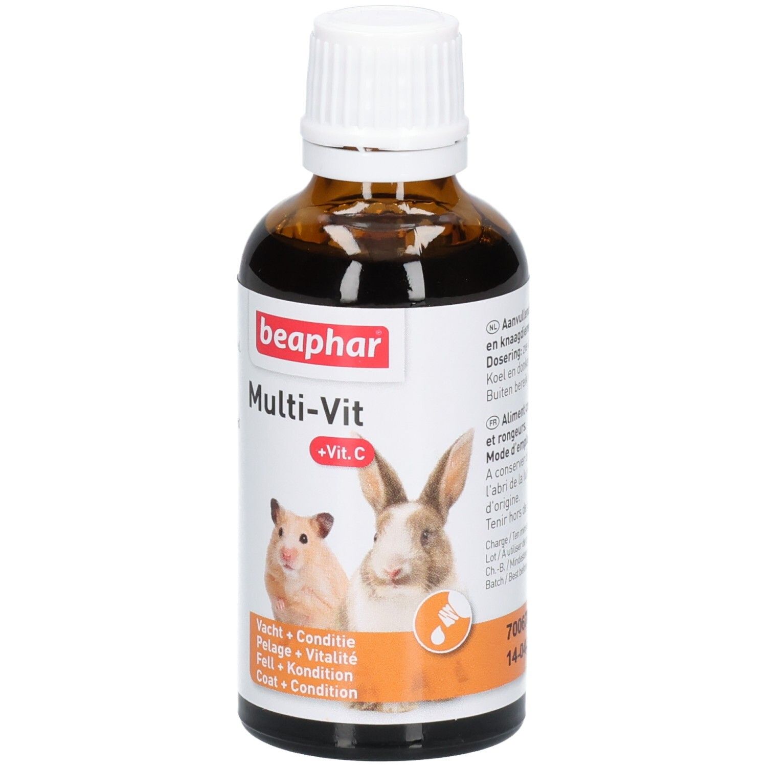 Flacon en verre brun avec bouchon blanc. Étiquette avec hamster, lapin et nom du produit. Texte: Multi-Vit +Vit.C.