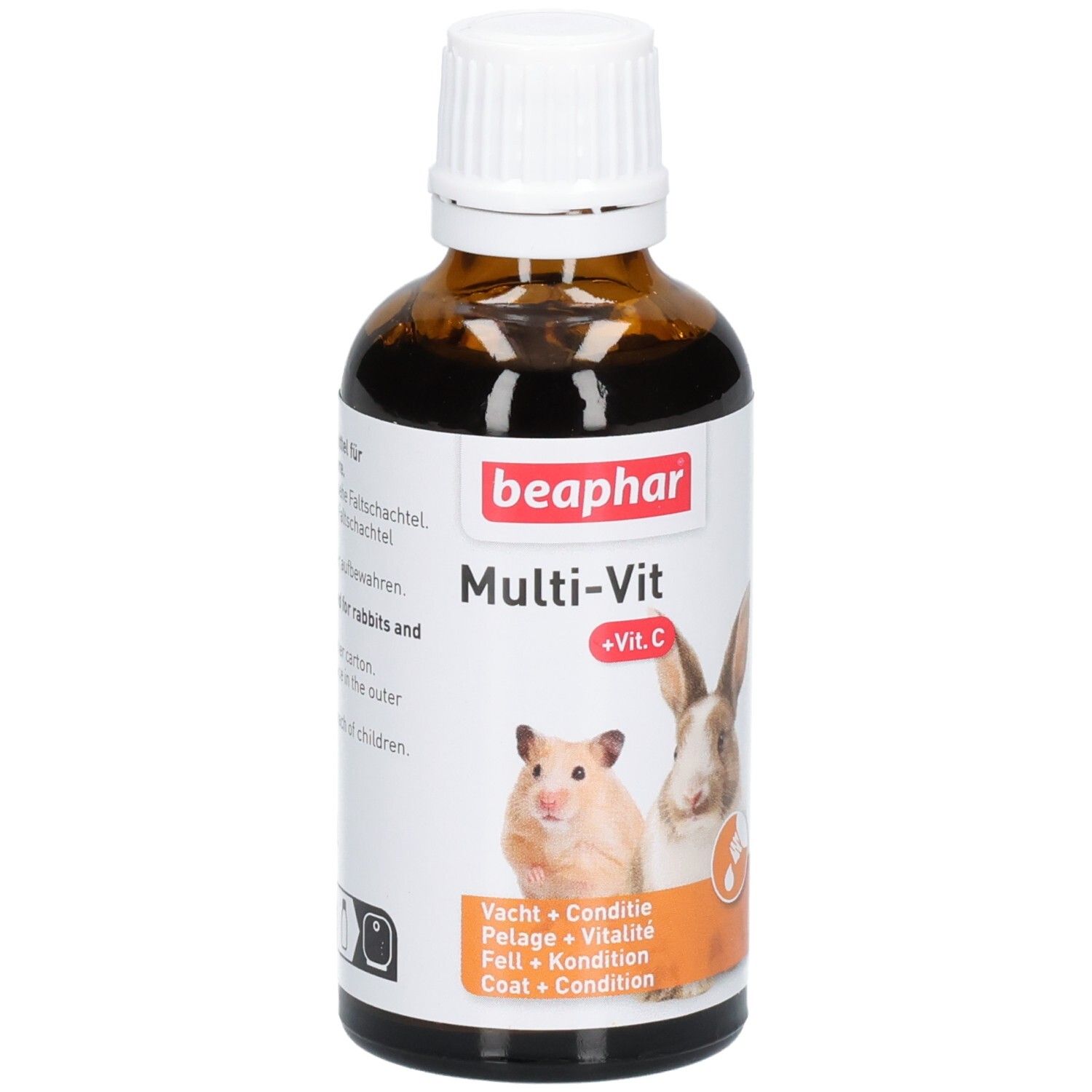 Flacon en verre brun avec bouchon blanc. Étiquette avec hamster, lapin et nom du produit. Texte: Multi-Vit +Vit.C.