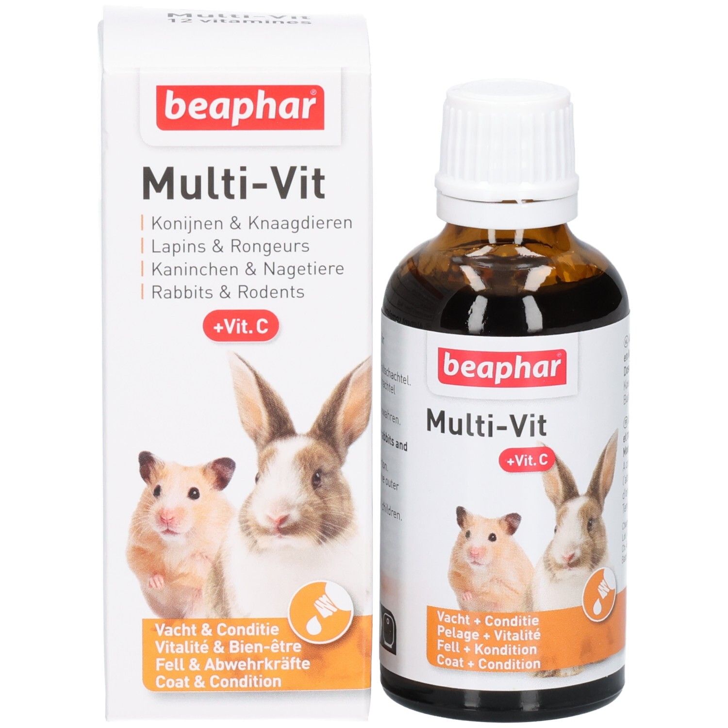 Produit et emballage. Flacon et carton. Sur le carton: Beaphar Multi-Vit +Vit.C. Avec hamster et lapin.