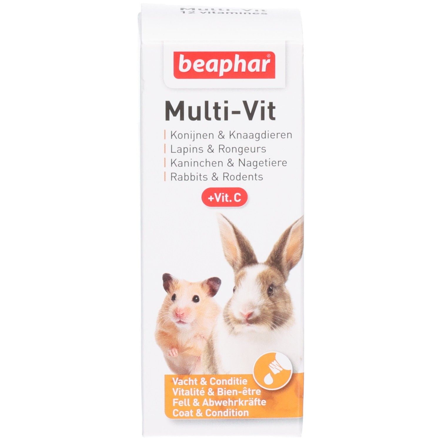 Emballage en carton. Impression: Beaphar Multi-Vit +Vit.C. Avec hamster et lapin. Texte: Lapins & Rongeurs.