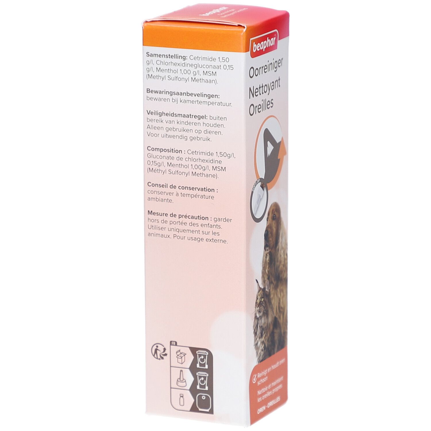 Dos de la boîte Beaphar Nettoyant Oreilles. Texte: Composition, ingrédients, précautions, conseils de conservation.
