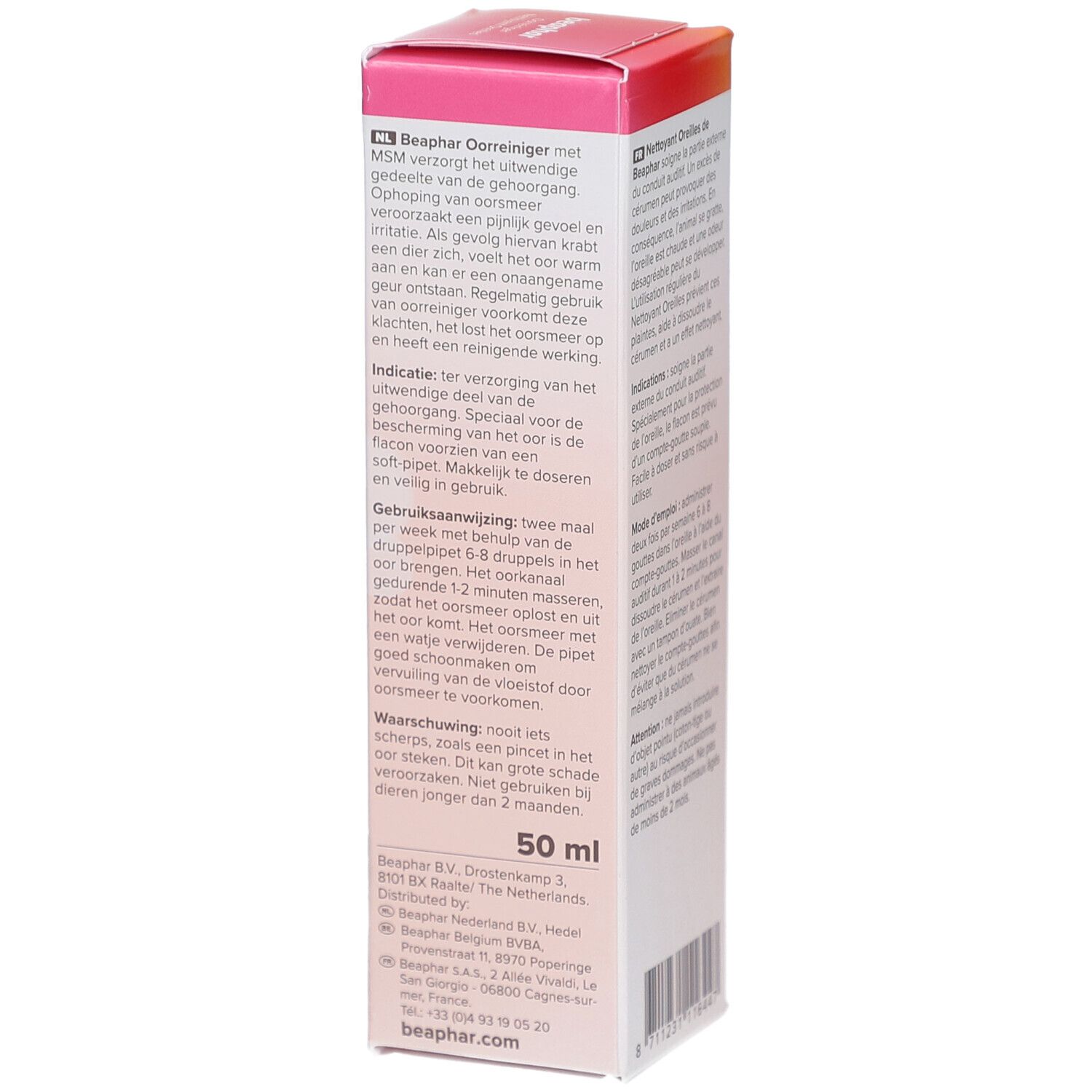 Côté de la boîte Beaphar Nettoyant Oreilles. Texte: Mode d'emploi, attention, 50 ml.