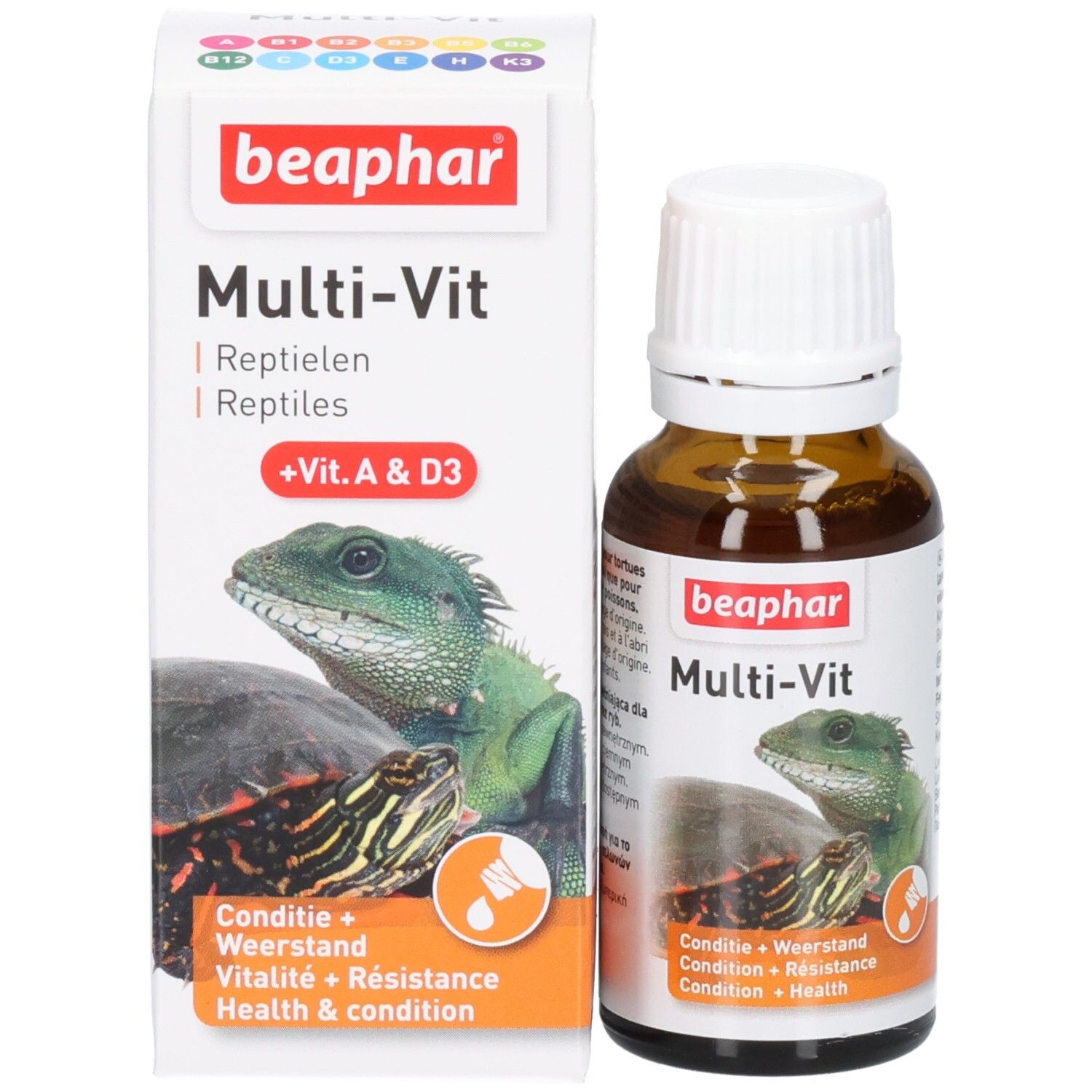 Emballage du produit avec flacon et boîte. Boîte avec "beaphar Multi-Vit" et images de tortue et lézard. Vitamines supplémentaires.