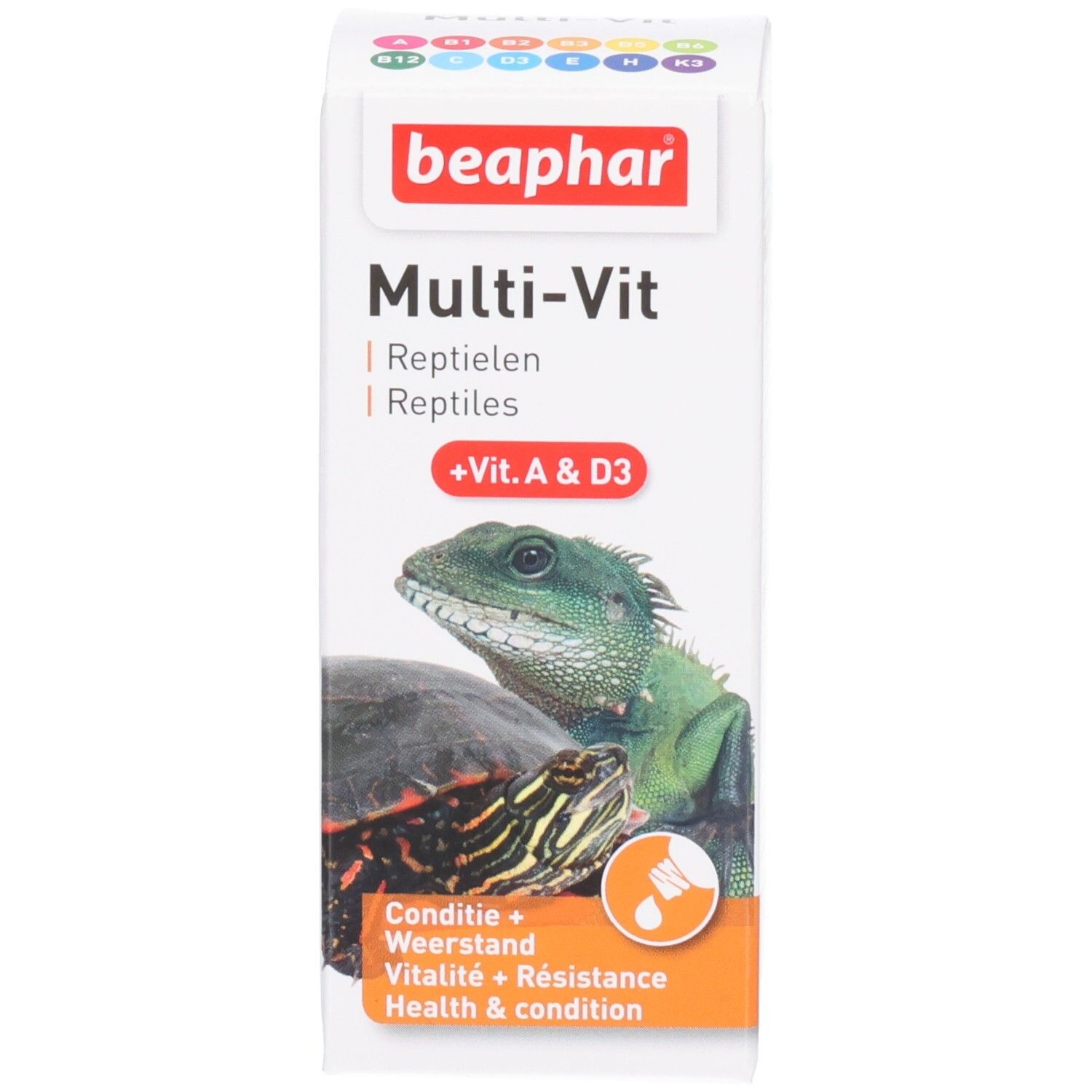 Emballage du produit avec boîte. Boîte avec "beaphar Multi-Vit" et images de tortue et lézard. Vitamines supplémentaires.