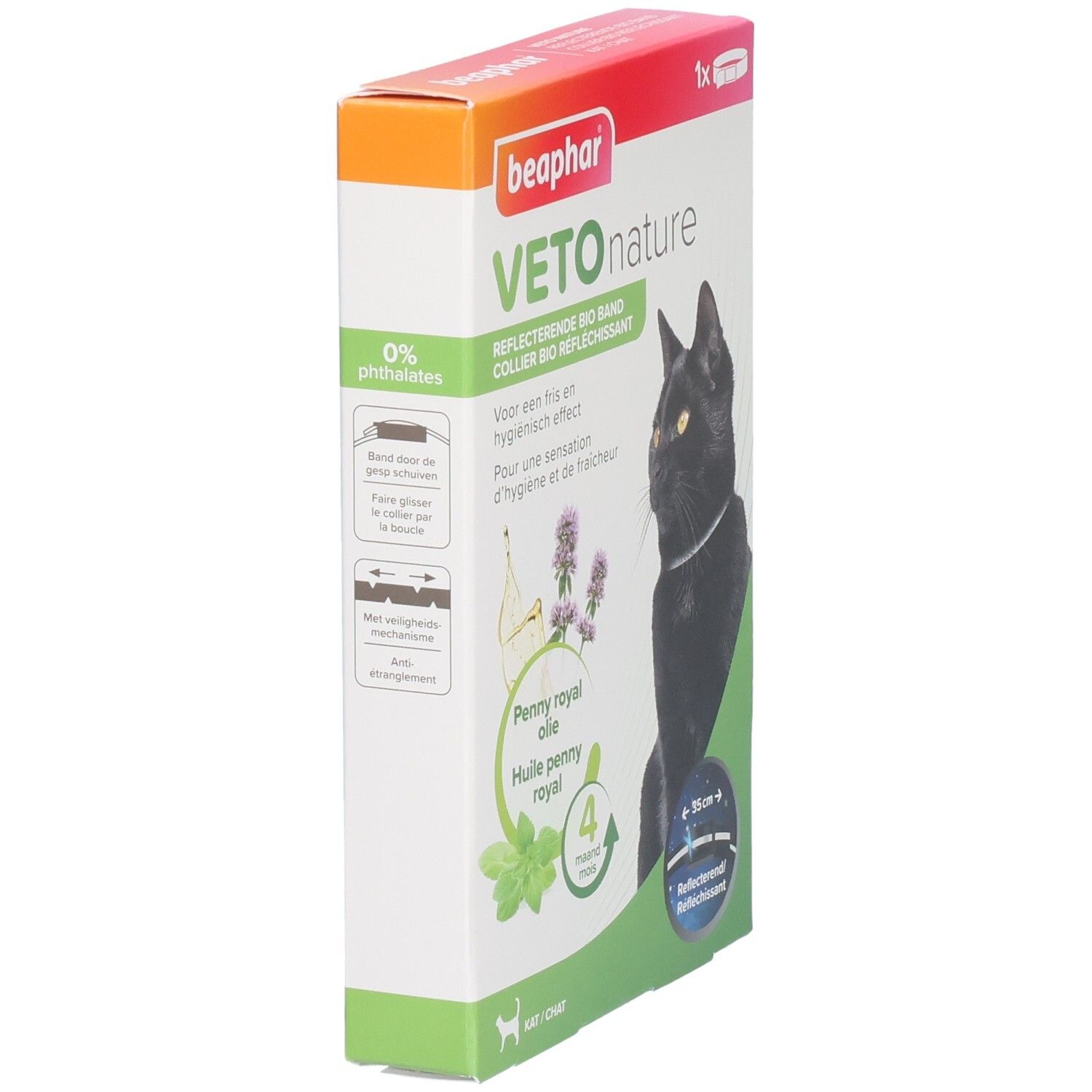 Boîte Beaphar Vetonature Bio-Reflecteur. Huile de penny royal. 0% phtalates. Chat avec collier. Vue latérale.