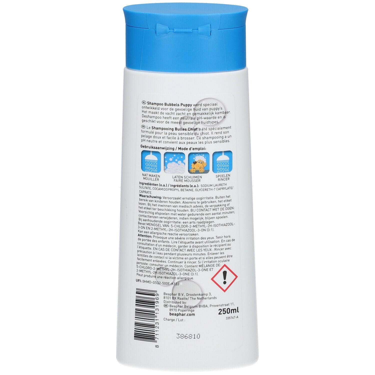 Flacon blanc avec bouchon bleu. Texte et illustrations sur l'étiquette. 250ml. Marque Beaphar.