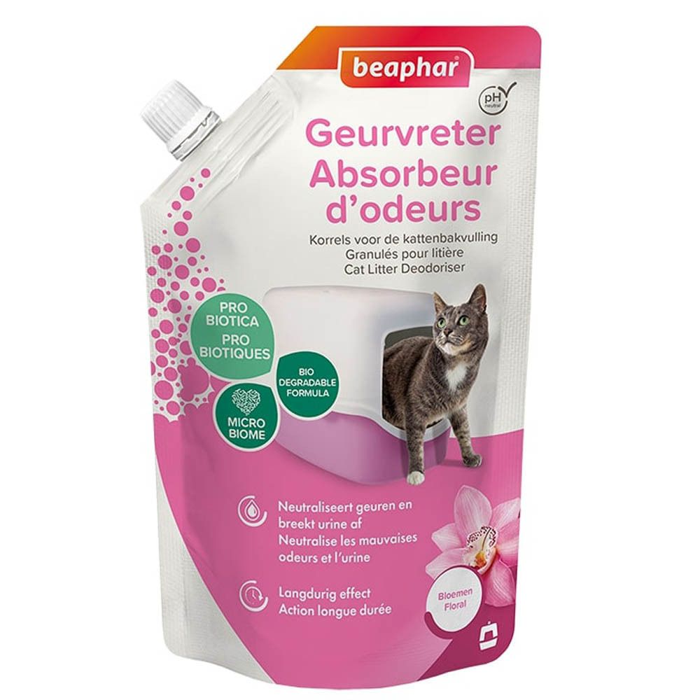 Emballage Beaphar Geurvreter Absorbeur d'odeurs. Chat et orchidée sur fond rose. Inscriptions : Pro Biotica, Formule Bio, Neutralise les odeurs.