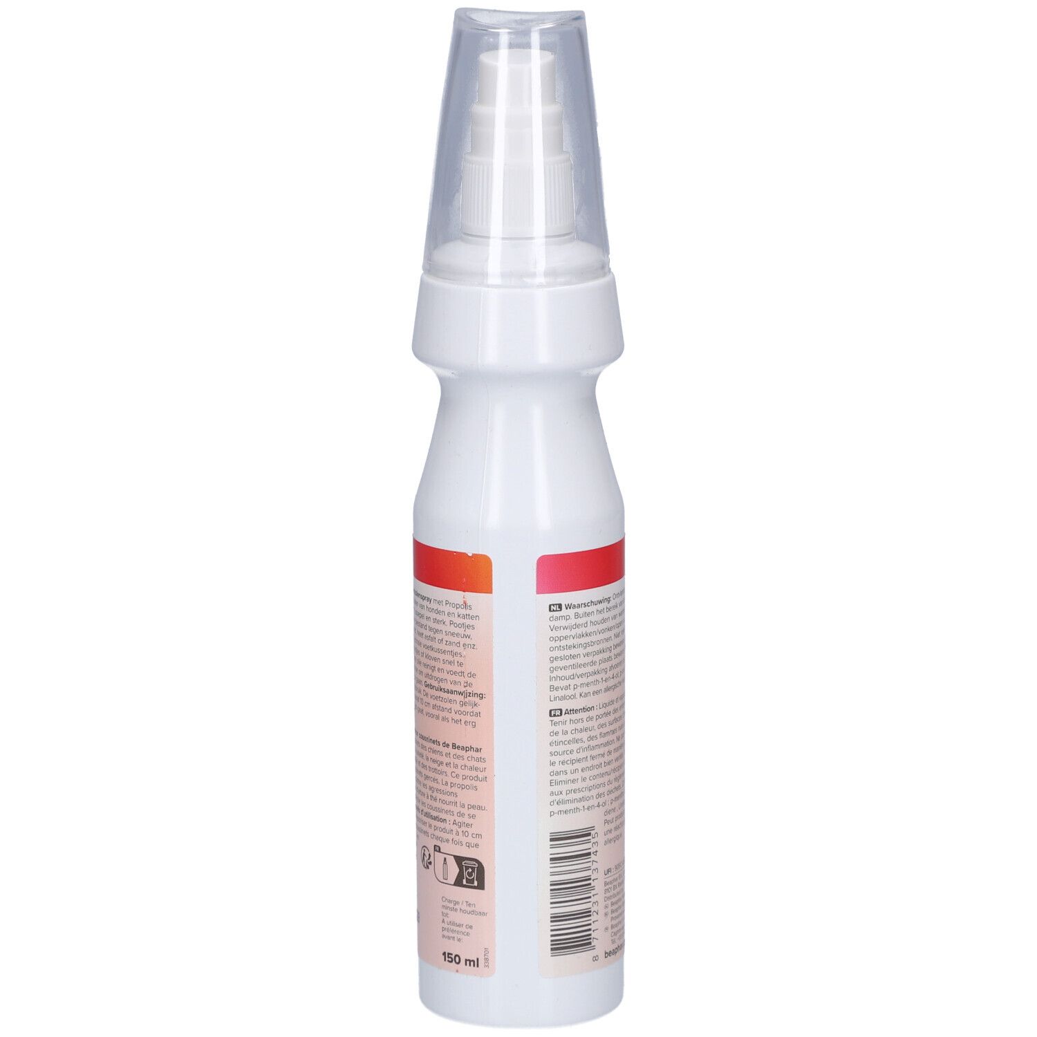 Vue latérale du flacon spray blanc. Texte multilingue. Inscription : 150 ml.