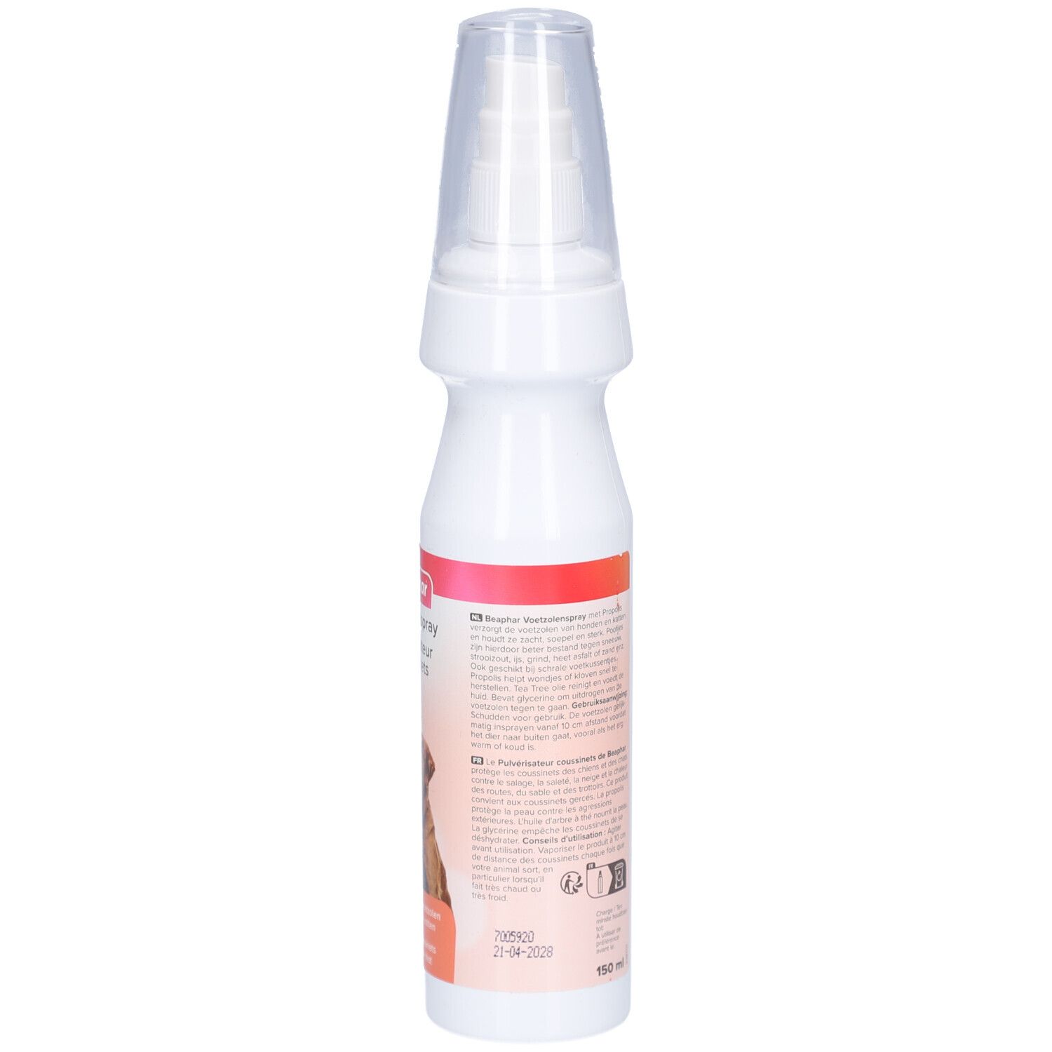 Dos du flacon spray blanc. Texte multilingue. Inscription : 150 ml. Date de péremption : 21-04-2020.