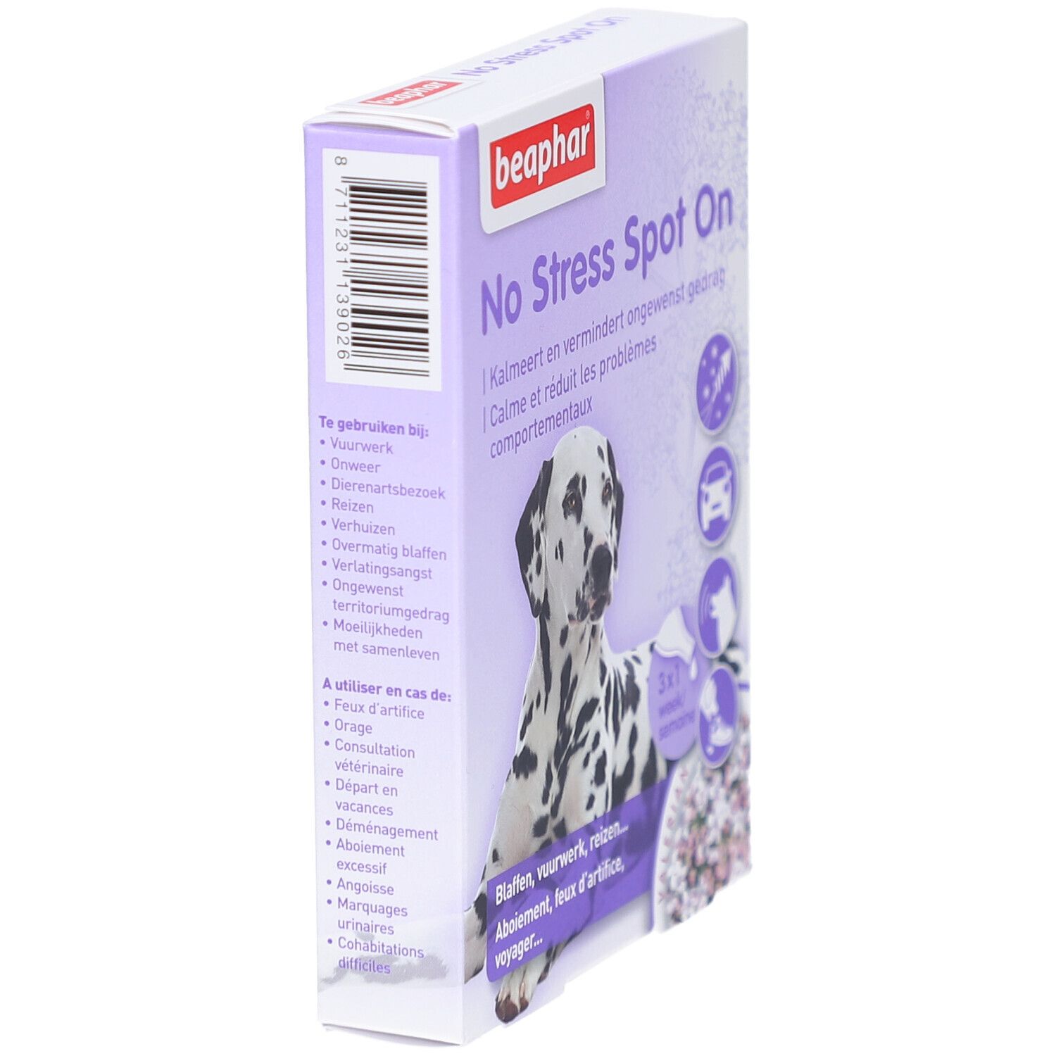Boîte Beaphar No Stress Spot On, vue latérale. Chien dalmatien, texte: No Stress Spot On, calme, réduit les problèmes. Code-barres.