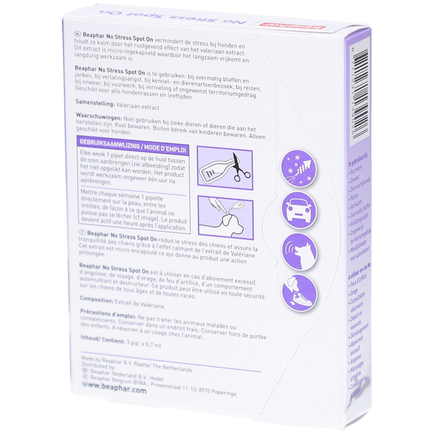 Dos de la boîte Beaphar No Stress Spot On. Texte: mode d'emploi, ingrédients, avertissements. Illustrations.
