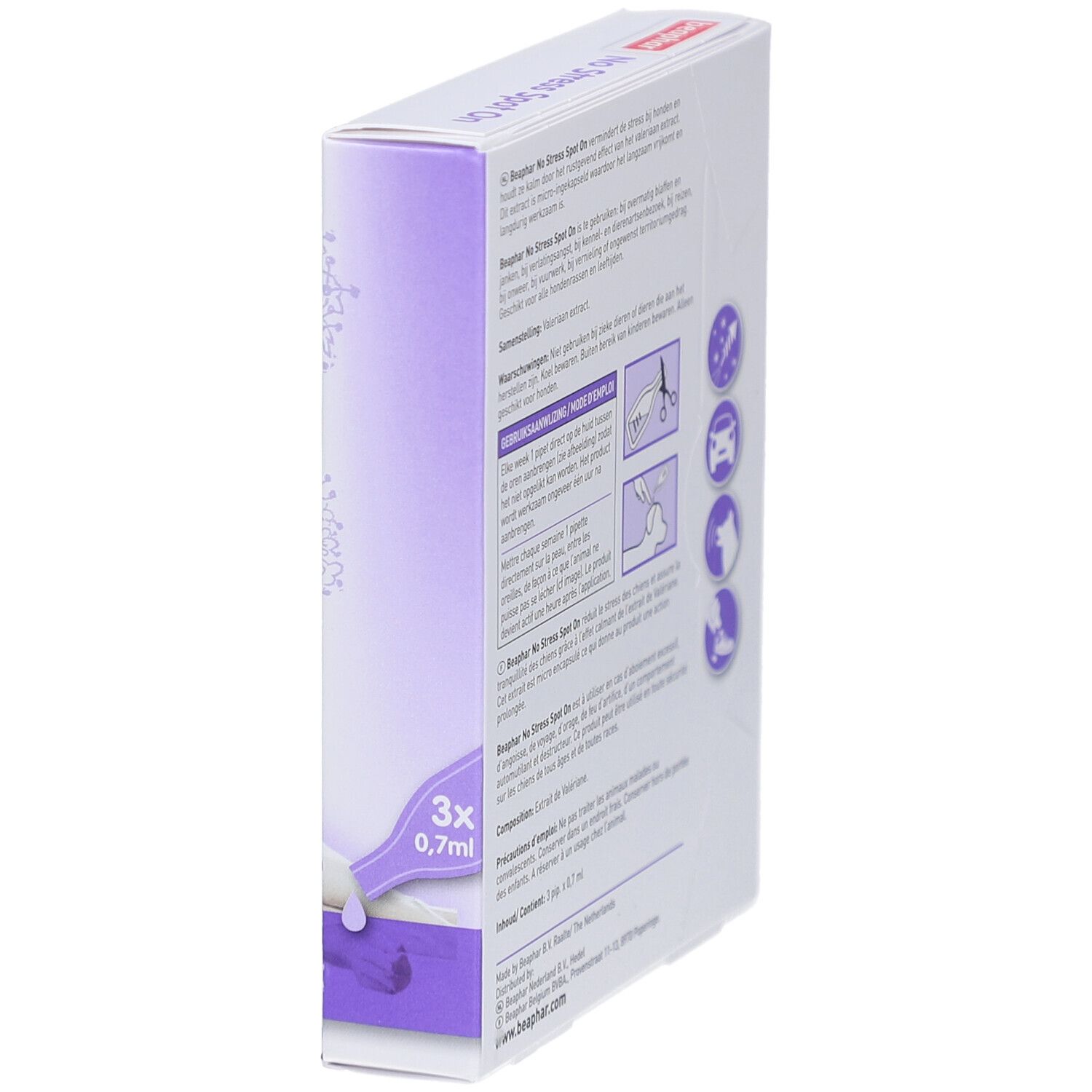 Boîte Beaphar No Stress Spot On, vue latérale. Texte: 3x 0,7ml. Illustration d'une pipette.