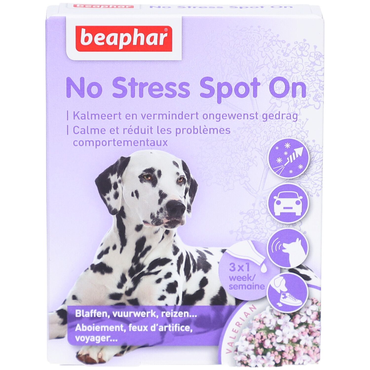 Boîte Beaphar No Stress Spot On. Chien dalmatien sur fond violet. Texte: No Stress Spot On, calme, réduit les problèmes.