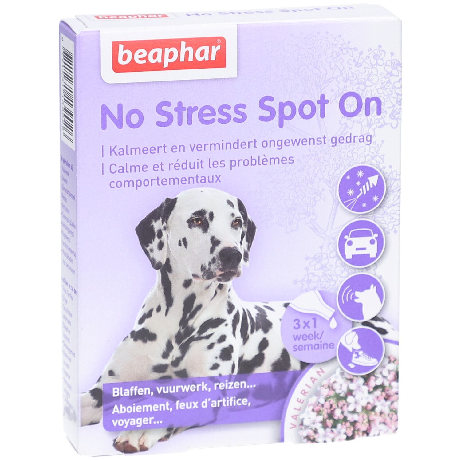 Boîte Beaphar No Stress Spot On. Chien dalmatien sur fond violet. Texte: No Stress Spot On, calme, réduit les problèmes.