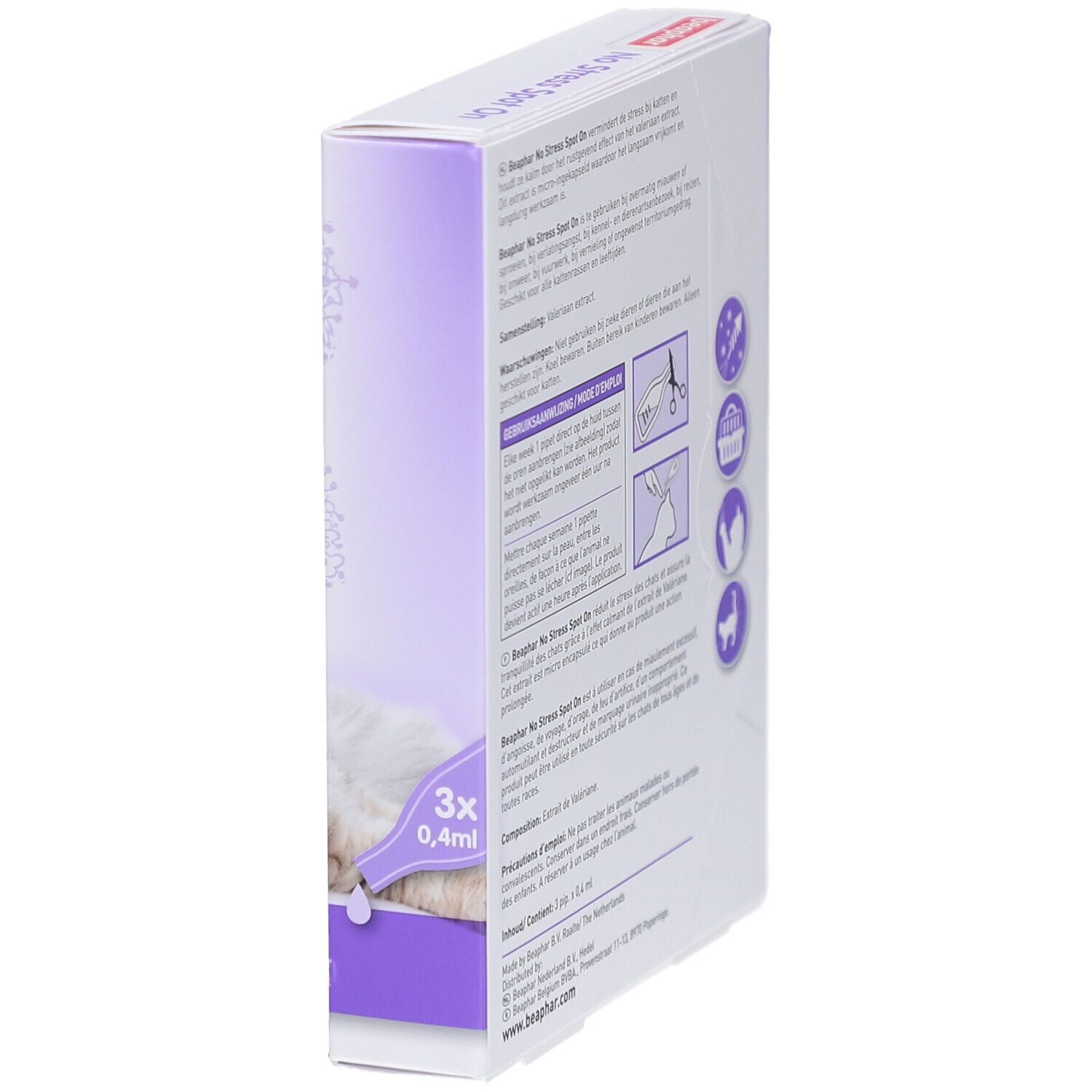 Boîte Beaphar® No Stress Spot On Chat. Vue latérale avec informations sur le produit et dosage.