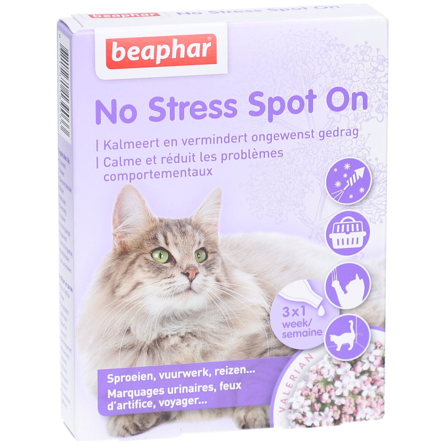 Boîte Beaphar® No Stress Spot On Chat. Emballage violet et blanc avec chat, nom du produit et illustrations.