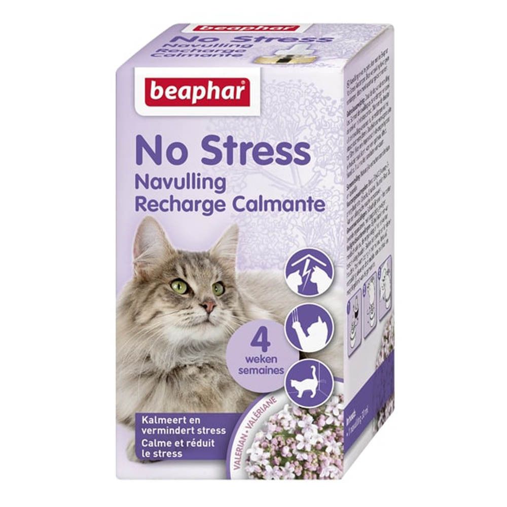 Boîte Beaphar No Stress. Montre un chat, le nom du produit et des informations.