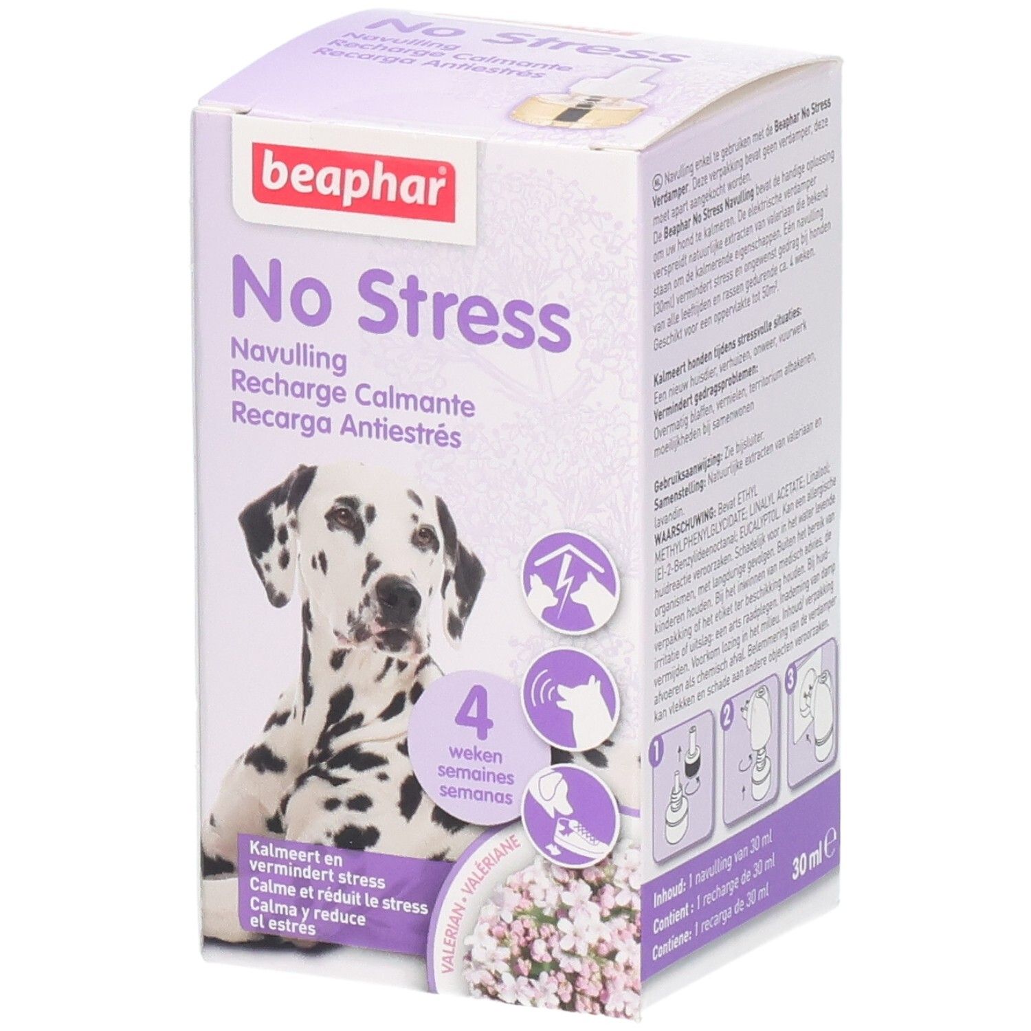 Boîte Beaphar No Stress pour chiens, illustrée d'un dalmatien. Contient 4 semaines d'utilisation.