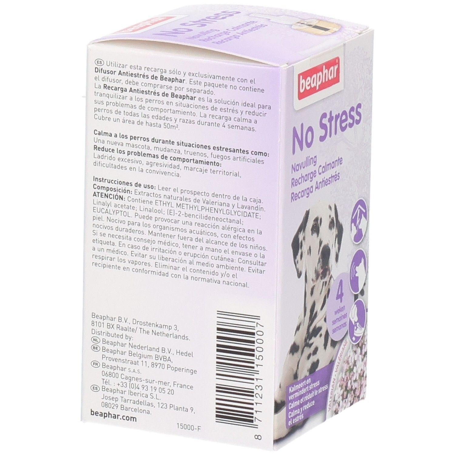 Recharge Beaphar No Stress pour diffuseur, avec illustration de dalmatien.