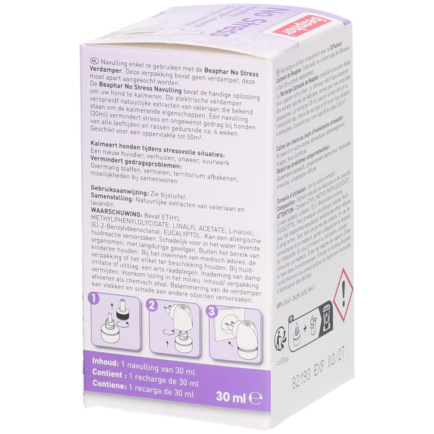 Recharge Beaphar No Stress, 30 ml. Contient des extraits naturels pour calmer.