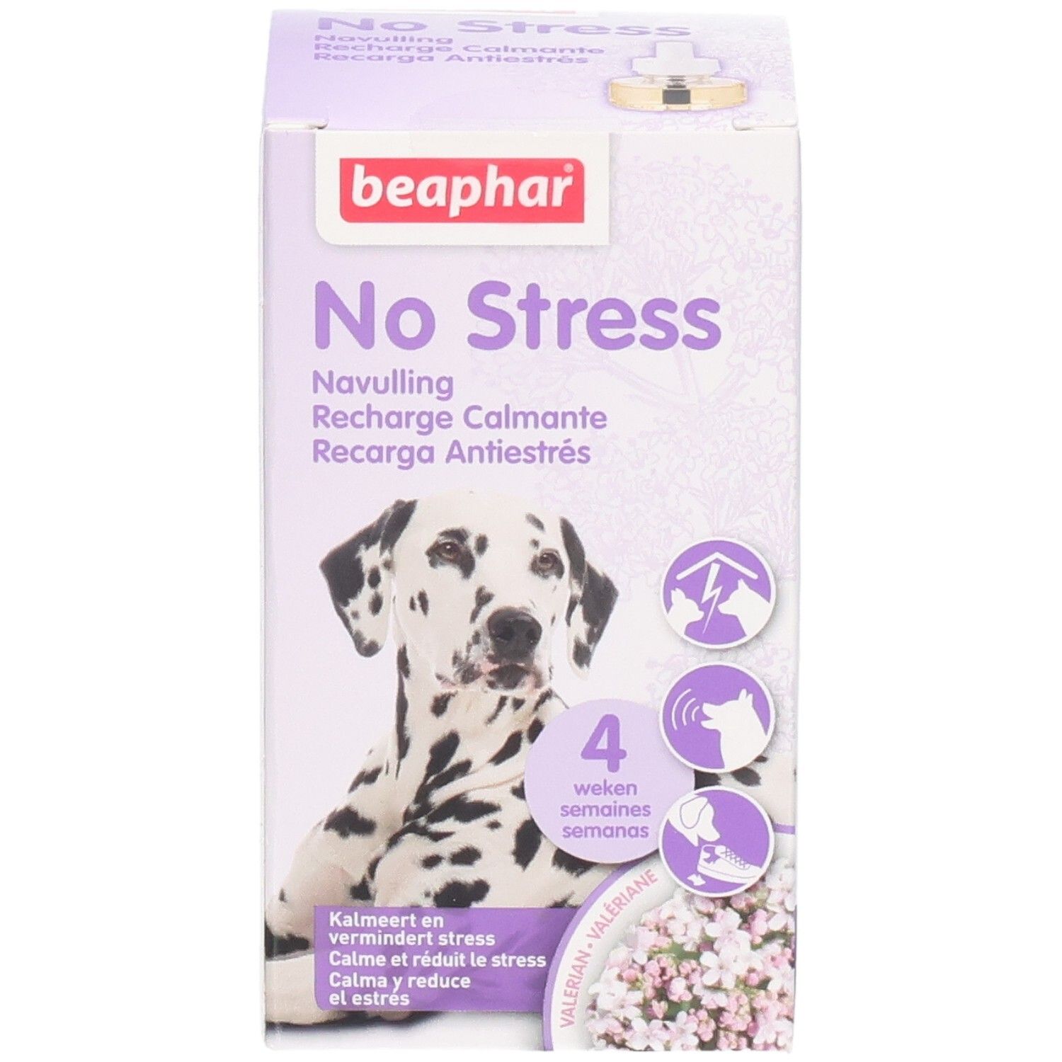 Emballage Beaphar No Stress avec motif dalmatien et indications apaisantes.