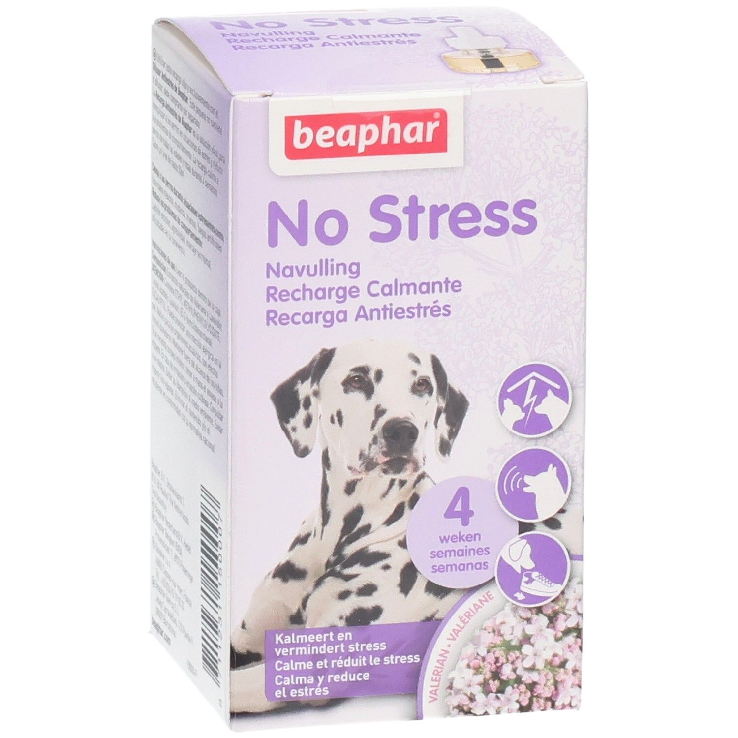 Produit Beaphar No Stress pour chiens. Boîte avec image de dalmatien et indications de réduction du stress.