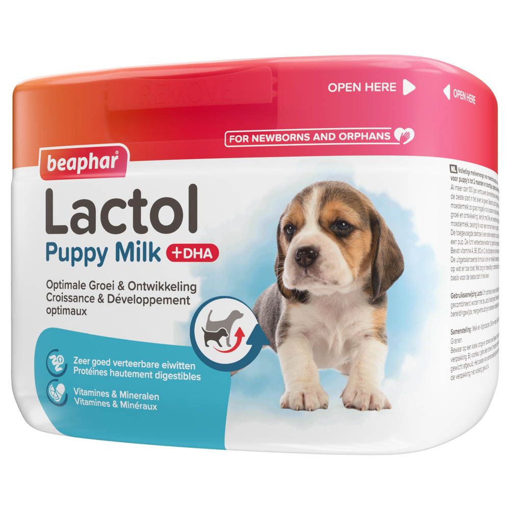Beaphar Lactol Puppy Milk + DHA. Boîte blanche avec image de chiot. Pour nouveau-nés et orphelins.