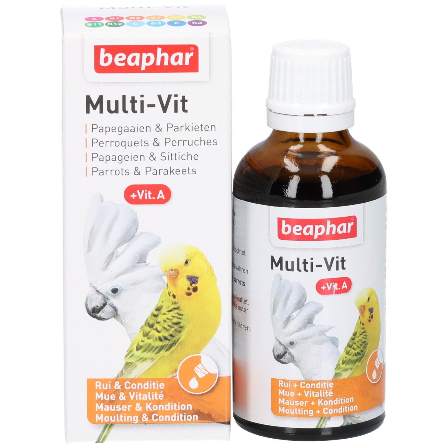 Flacon et emballage du produit. Flacon brun avec bouchon blanc. Emballage blanc avec nom du produit et illustration de perroquet. Marque : Beaphar.
