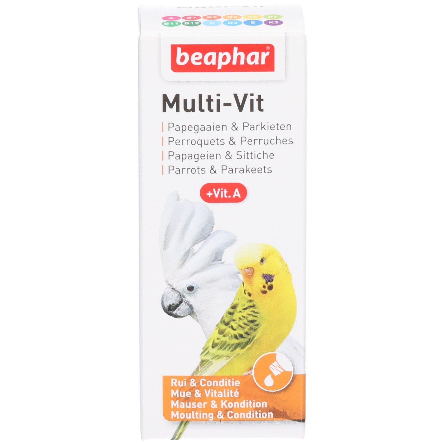 Emballage blanc du produit avec nom du produit, illustration de perroquet et texte. Marque : Beaphar.
