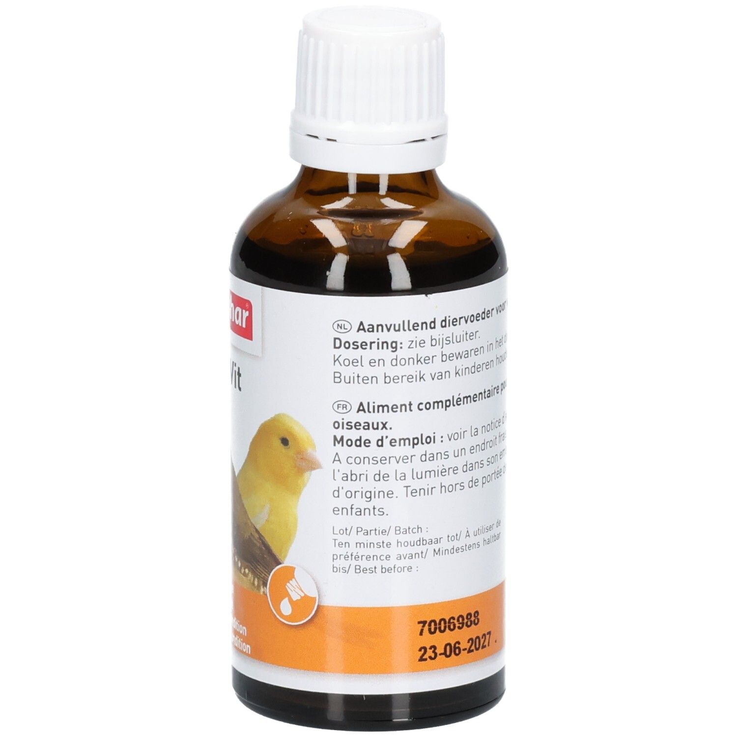 Flacon en verre brun avec bouchon blanc. Dos de l'étiquette avec texte multilingue et image d'oiseau.