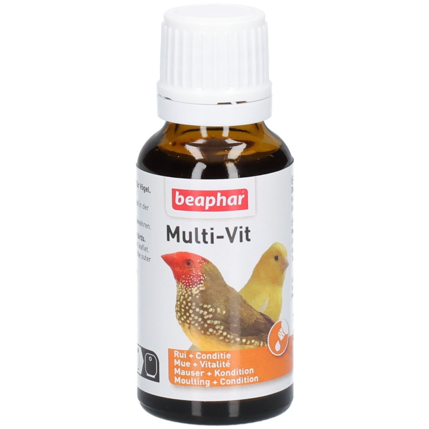 Flacon en verre brun avec bouchon blanc. Étiquette avec nom du produit, images d'oiseaux et texte. Marque : Beaphar Multi-Vit.
