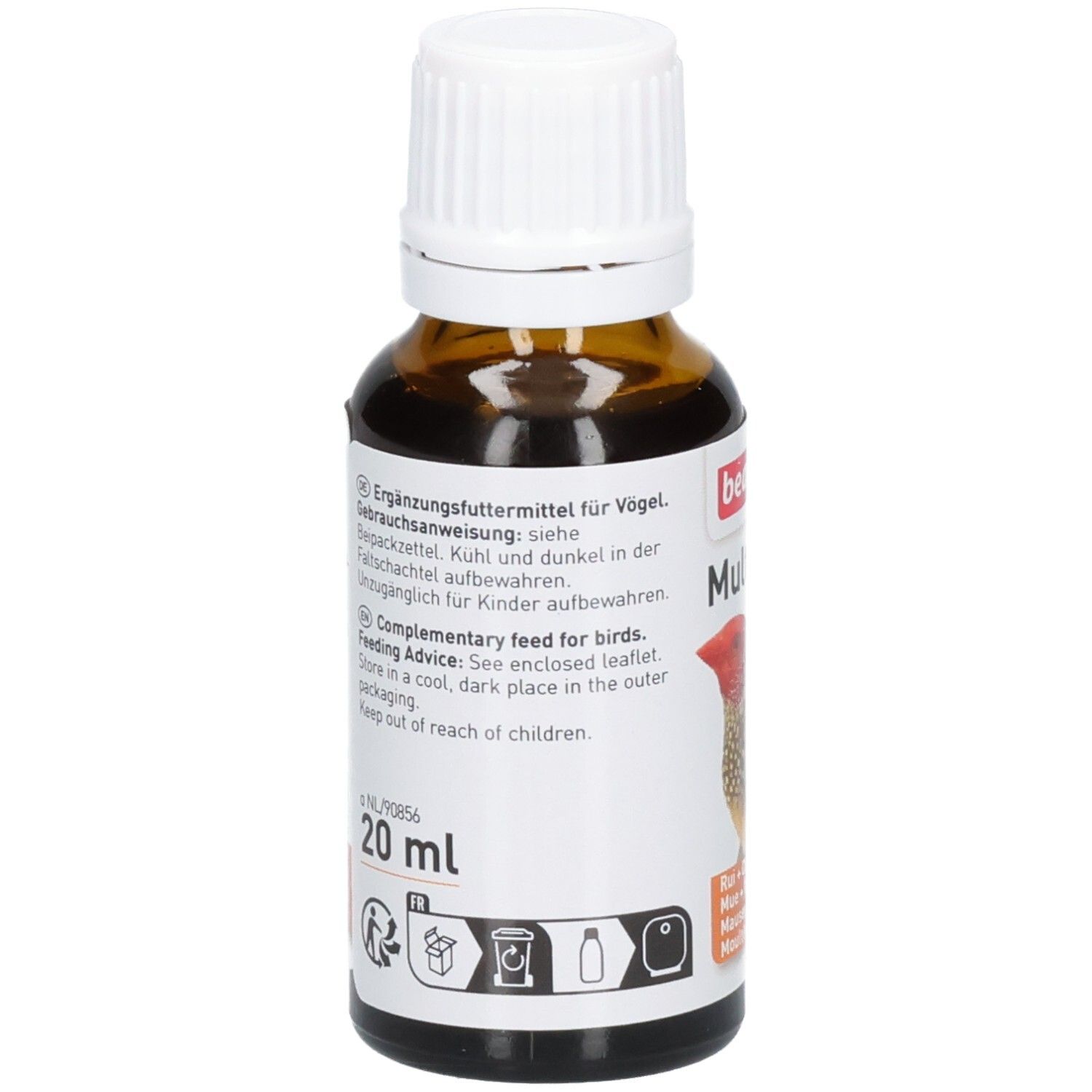 Flacon en verre brun avec bouchon blanc. Étiquette avec texte et pictogrammes. Volume : 20 ml. Marque : Beaphar.