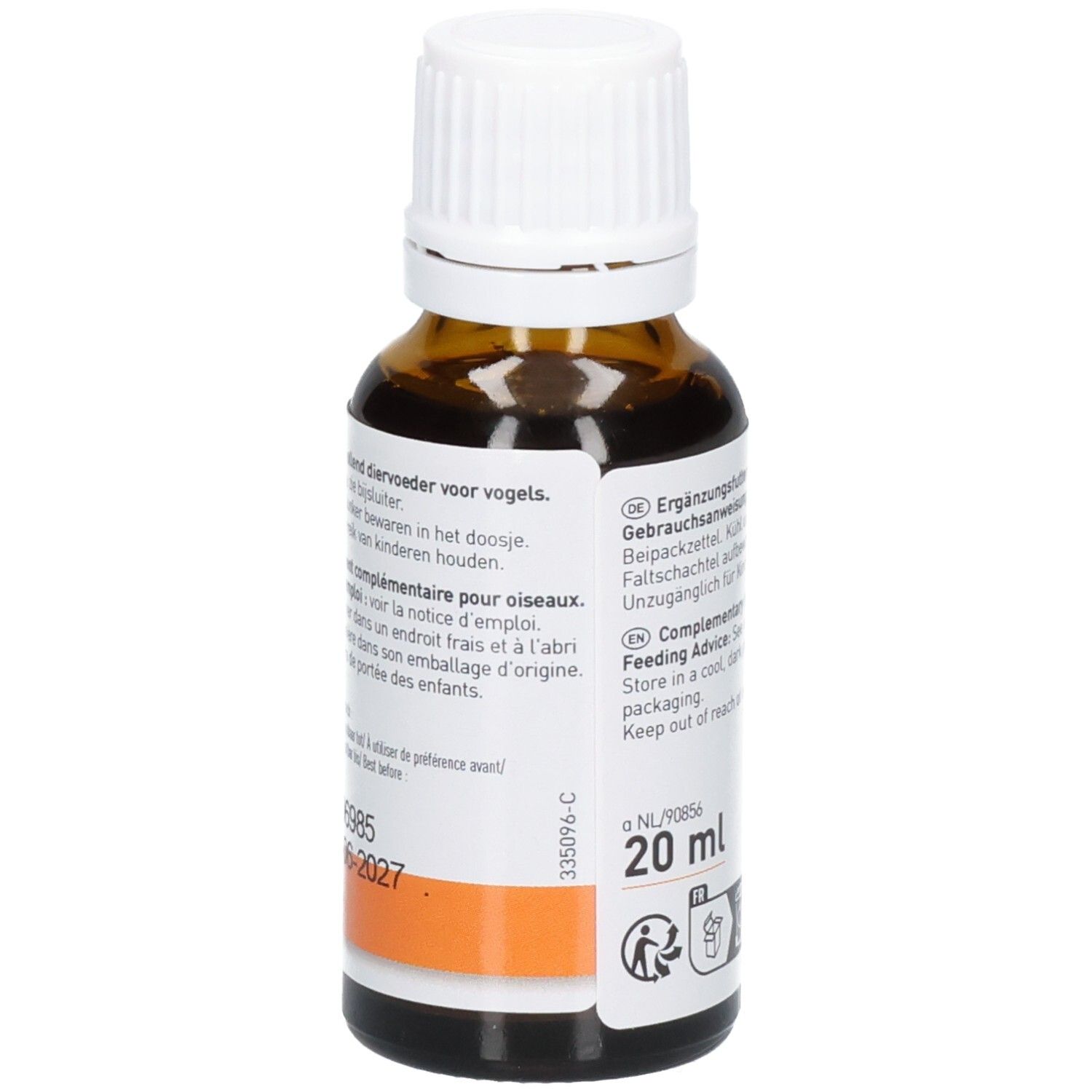 Flacon en verre brun avec bouchon blanc. Étiquette avec texte et indication de volume : 20 ml. Marque : Beaphar.