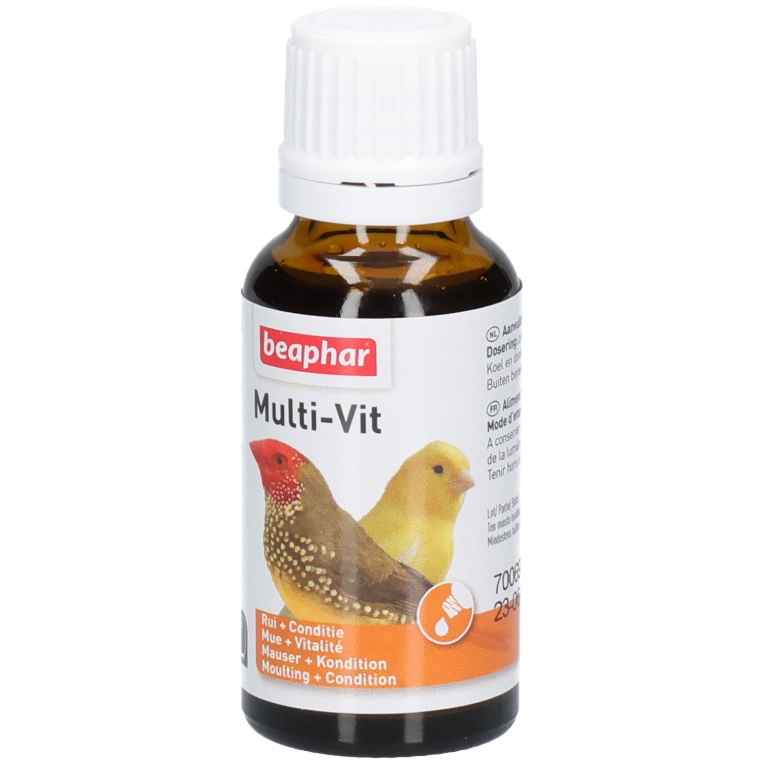 Flacon en verre brun avec bouchon blanc. Étiquette avec nom du produit, images d'oiseaux et texte. Marque : Beaphar Multi-Vit.