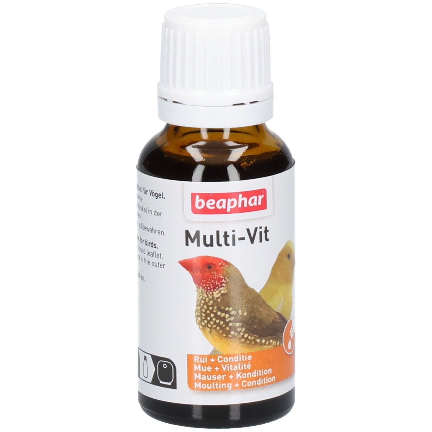 Flacon en verre brun avec bouchon blanc. Étiquette avec nom du produit, images d'oiseaux et texte. Marque : Beaphar Multi-Vit.