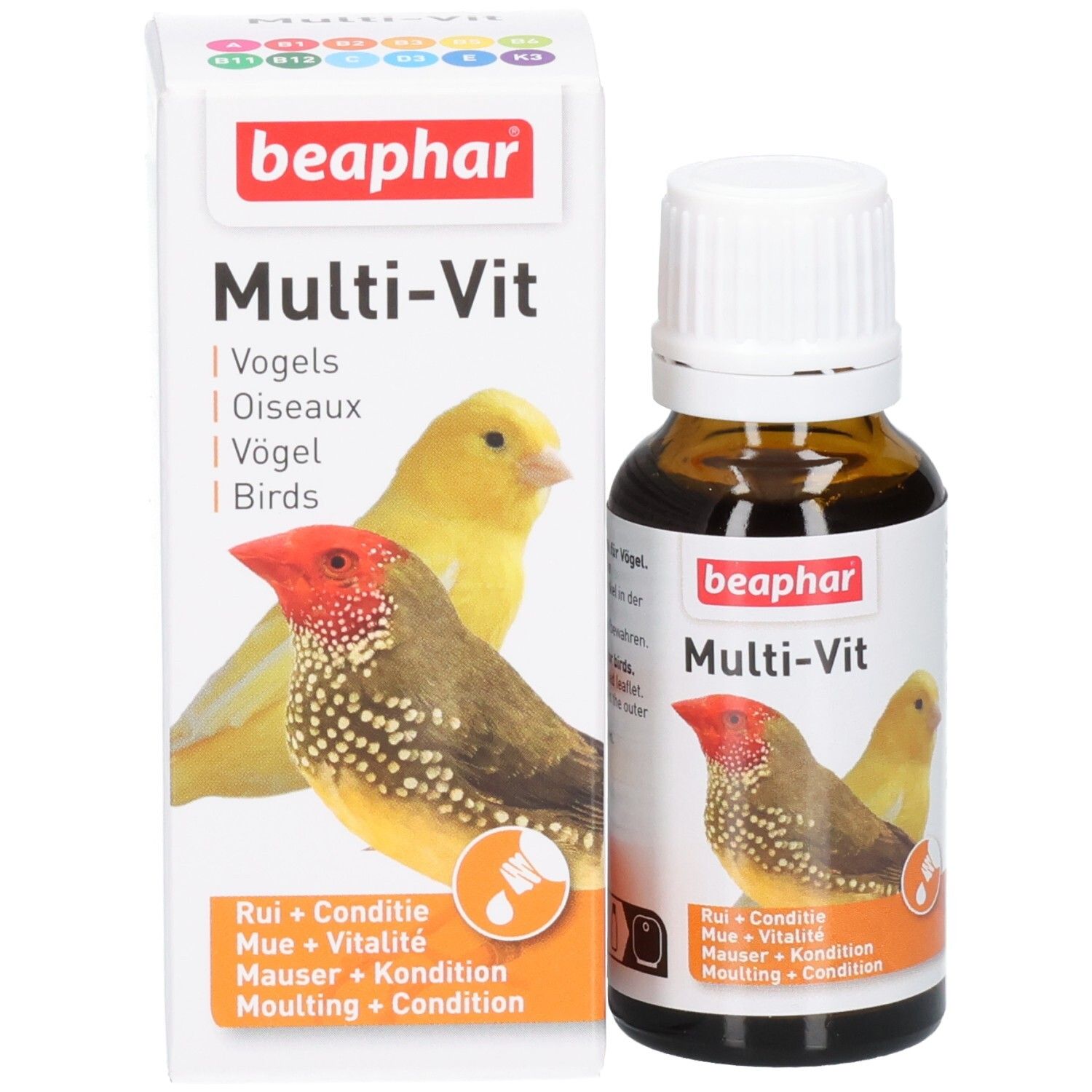 Flacon et emballage du produit. Emballage avec nom du produit, images d'oiseaux et texte. Marque : Beaphar Multi-Vit.
