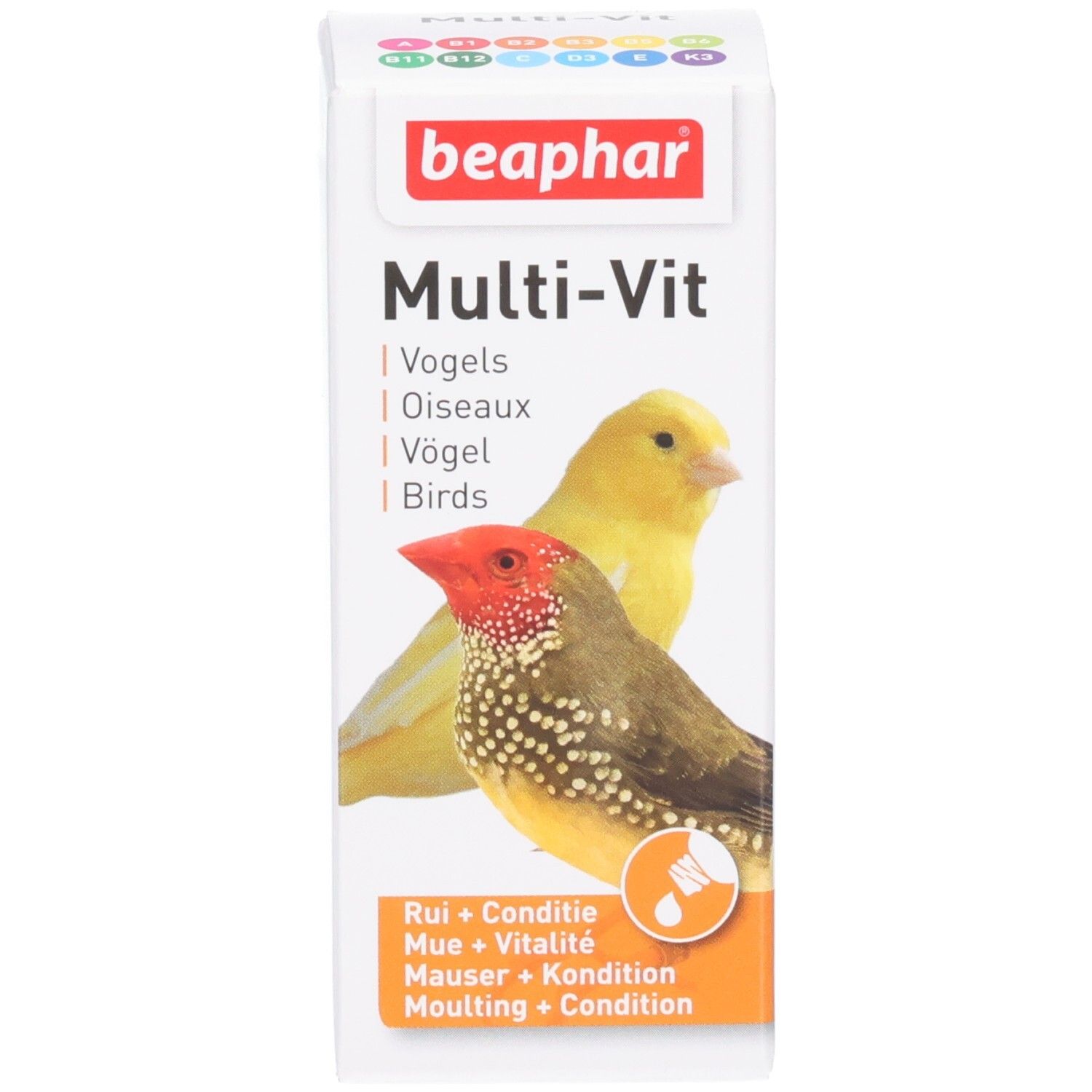 Emballage du produit. Emballage avec nom du produit, images d'oiseaux et texte. Marque : Beaphar Multi-Vit.