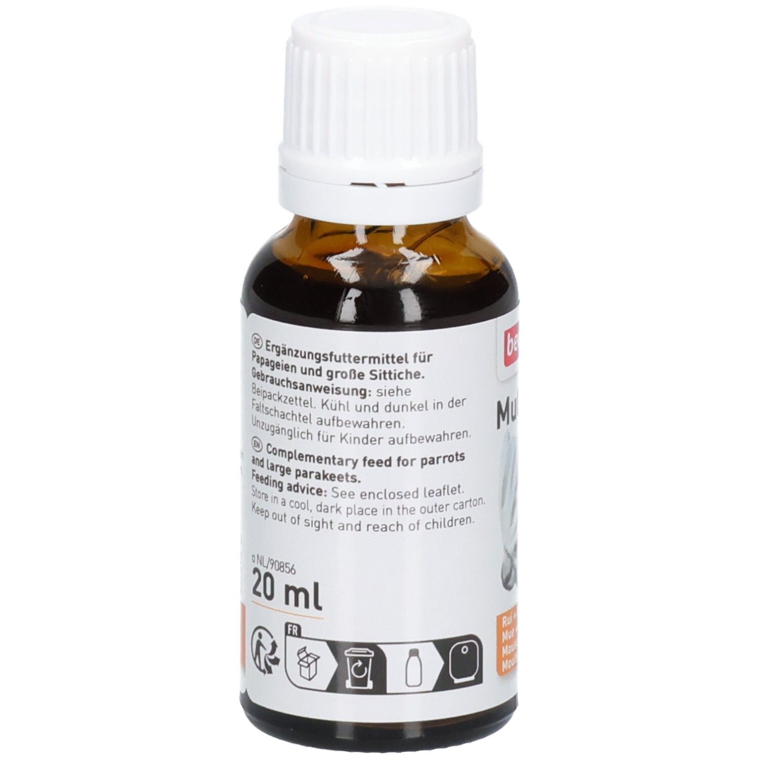 Dos du flacon en verre brun. Étiquette avec texte, indication 20 ml et pictogrammes.